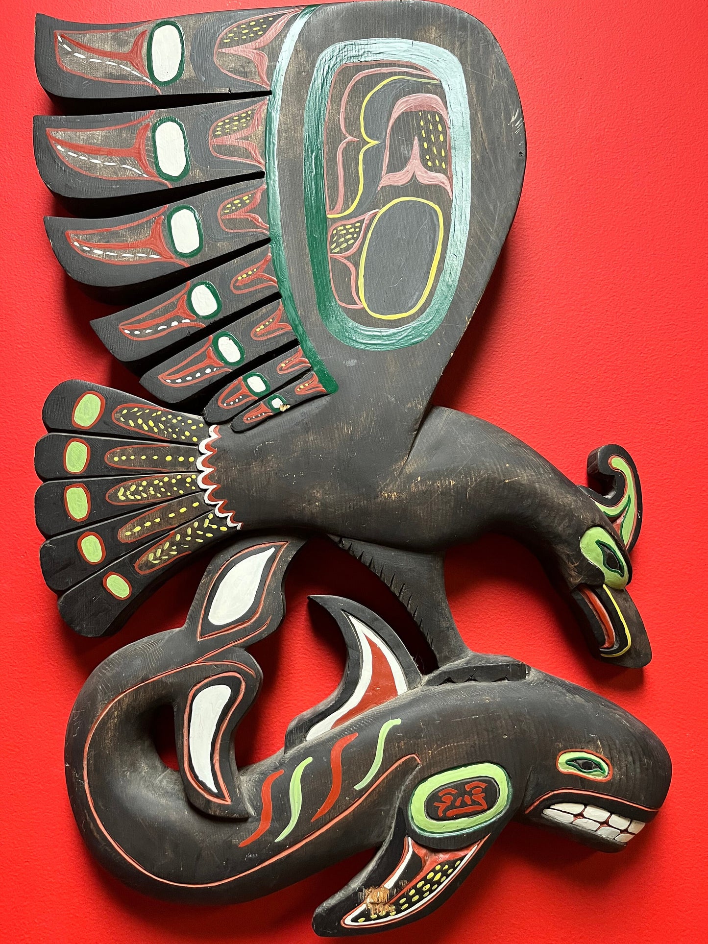 Stunning 26 x 17“ wide indigenous, First Nations north west signed coast signed eagle killer whale plaque Wow.