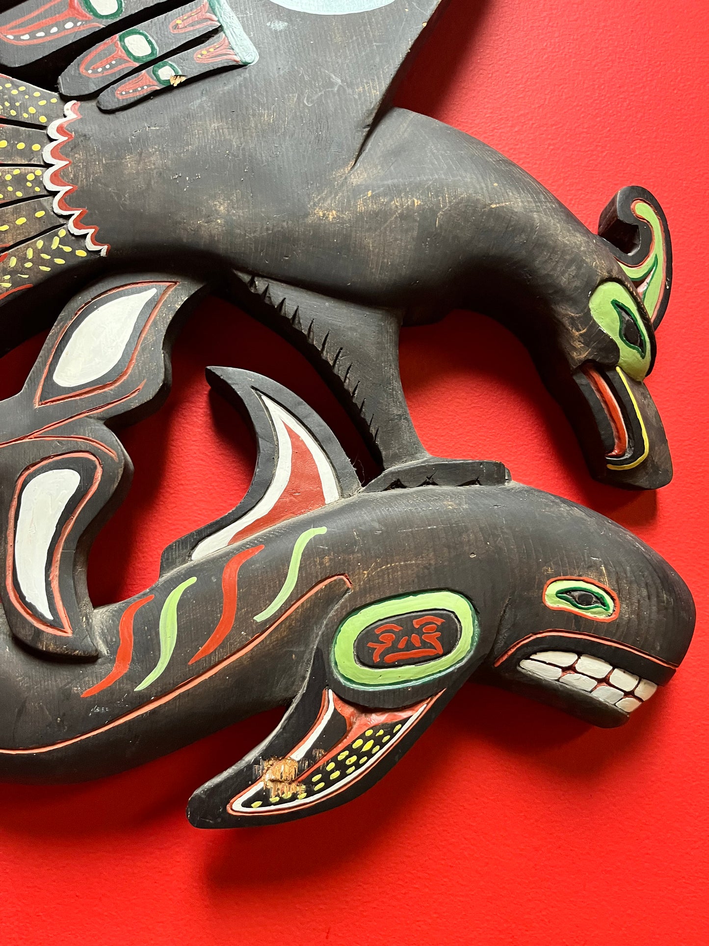 Stunning 26 x 17“ wide indigenous, First Nations north west signed coast signed eagle killer whale plaque Wow.