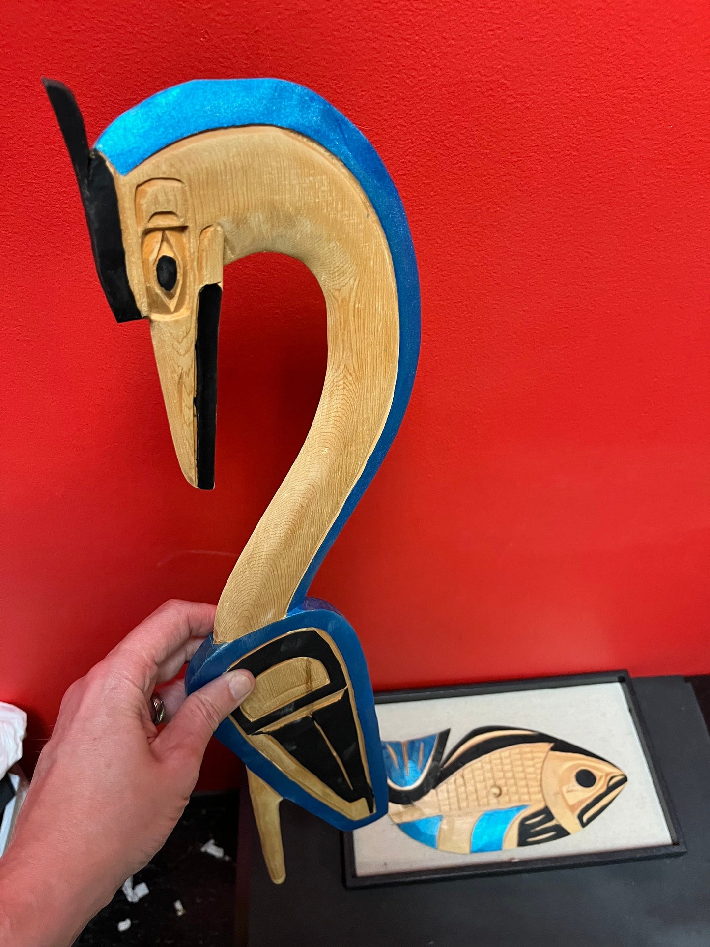 A Stunning 24 x 12 wide Charles George, indigenous first Nations Pacific Northwest coast heron on fish last one of this style