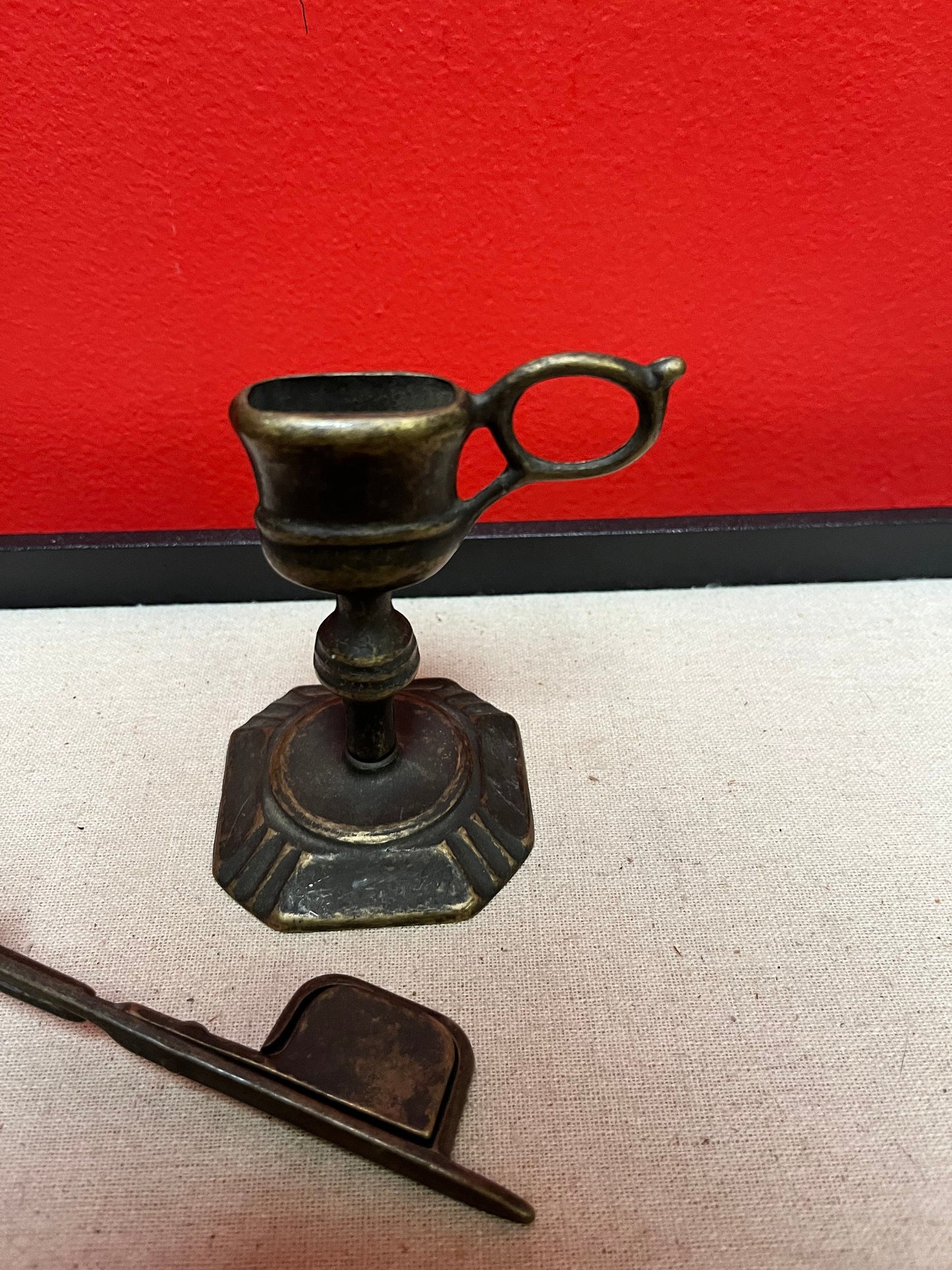 Lovely Italian mid 20th century bronzed candle snuffers in Holder- snuffers 6 inch tall and Holder 4 inches tall lovely piece