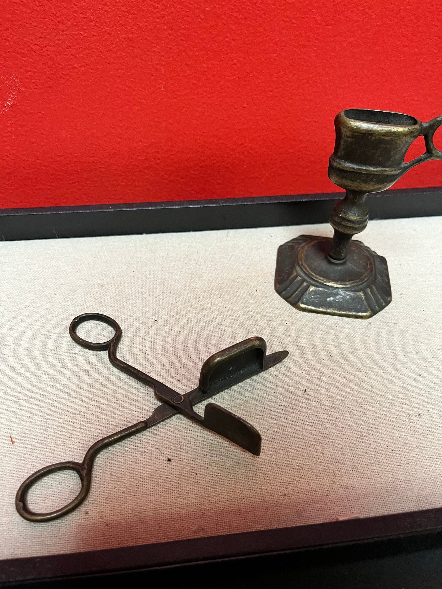 Lovely Italian mid 20th century bronzed candle snuffers in Holder- snuffers 6 inch tall and Holder 4 inches tall lovely piece