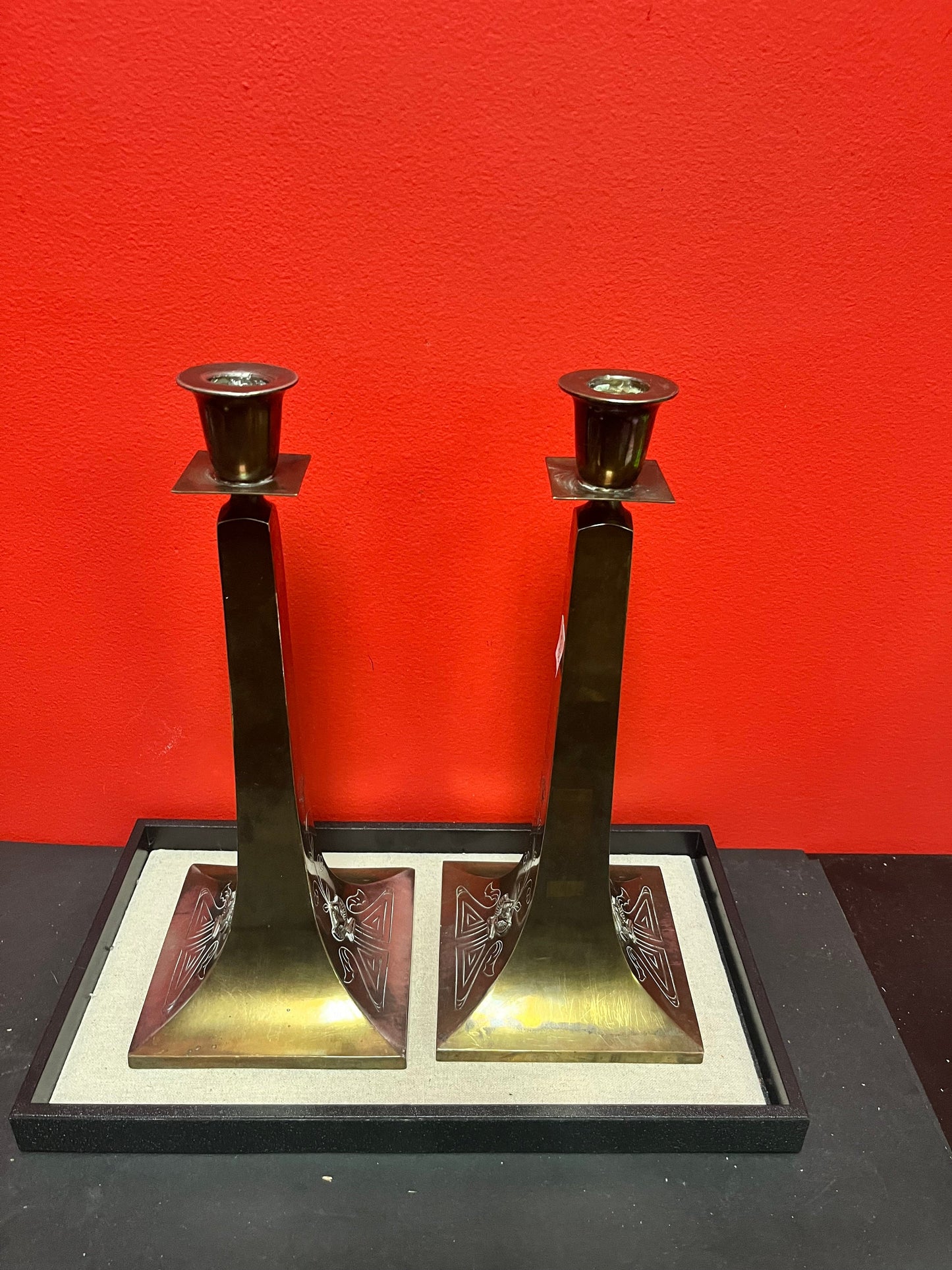 13 inch Karnak brass by Benici  Egyptian revival arts and crafts candlesticks -  lovely patina  grand style