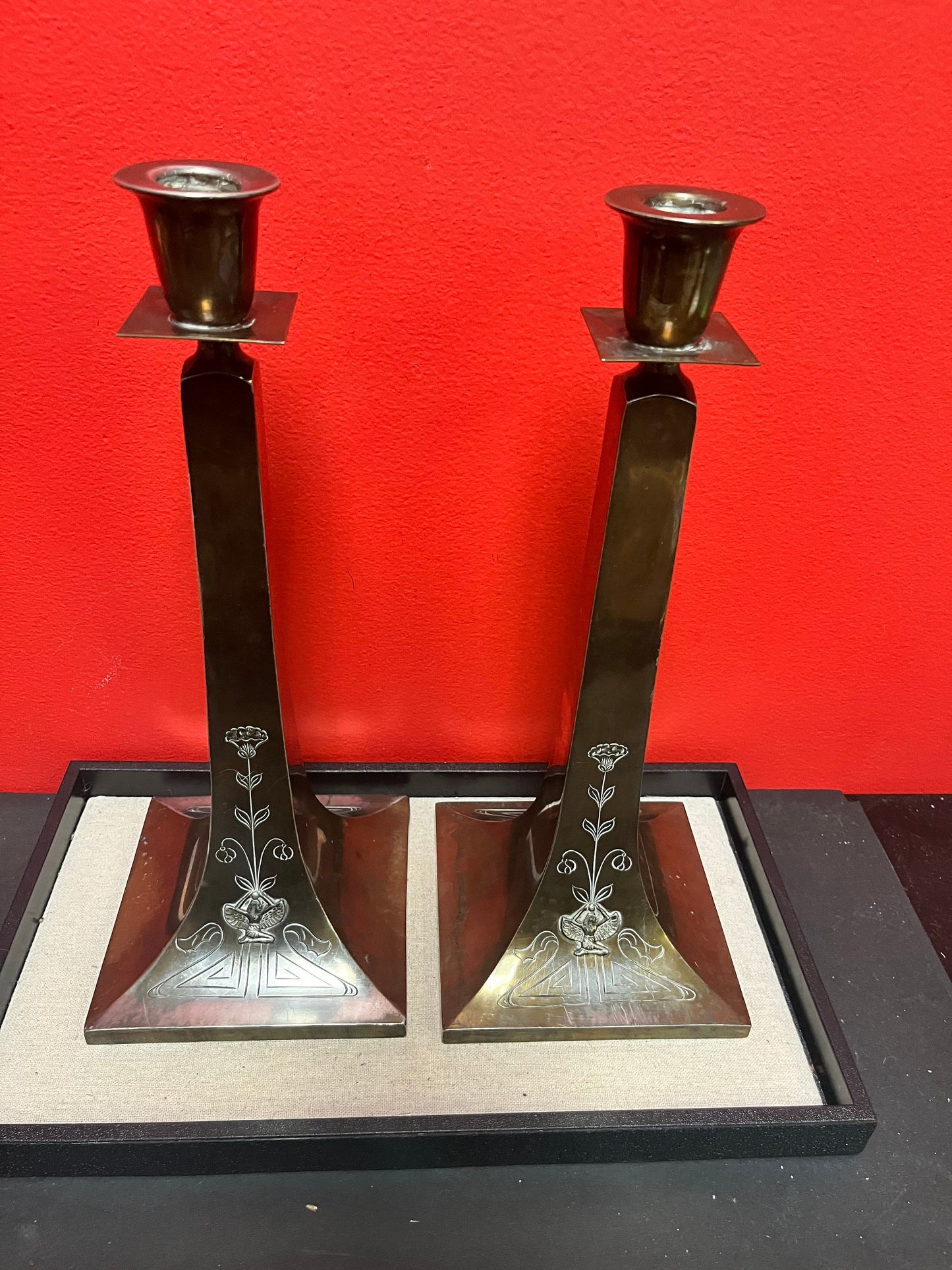 13 inch Karnak brass by Benici  Egyptian revival arts and crafts candlesticks -  lovely patina  grand style