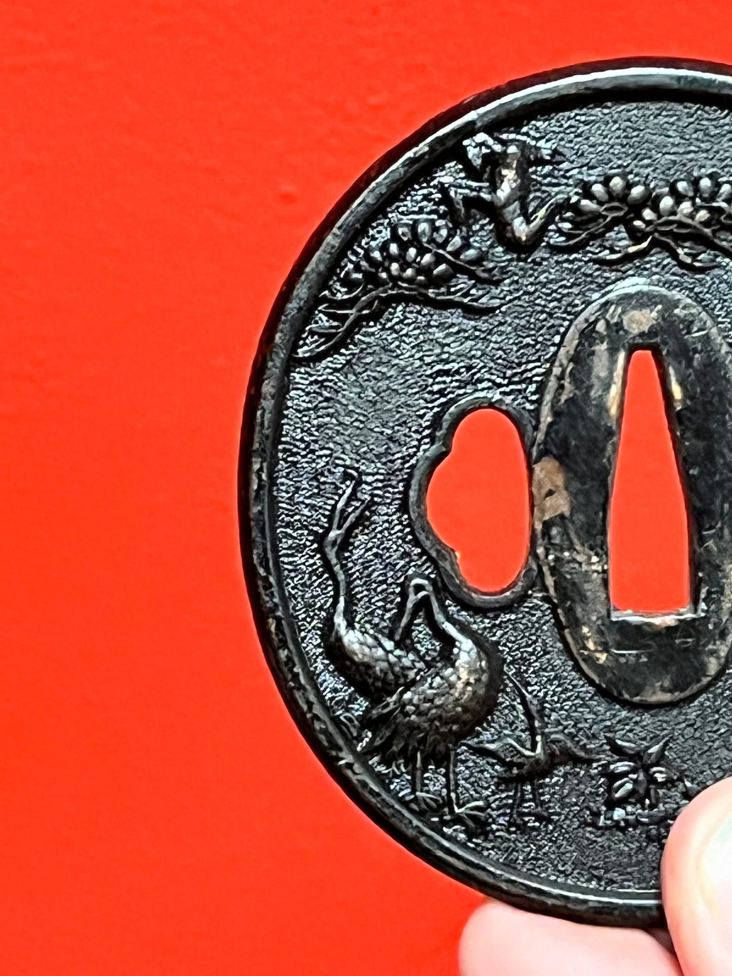 Lovely Japanese 3 inch bronze samurai tsuba depicting storks unique imagery