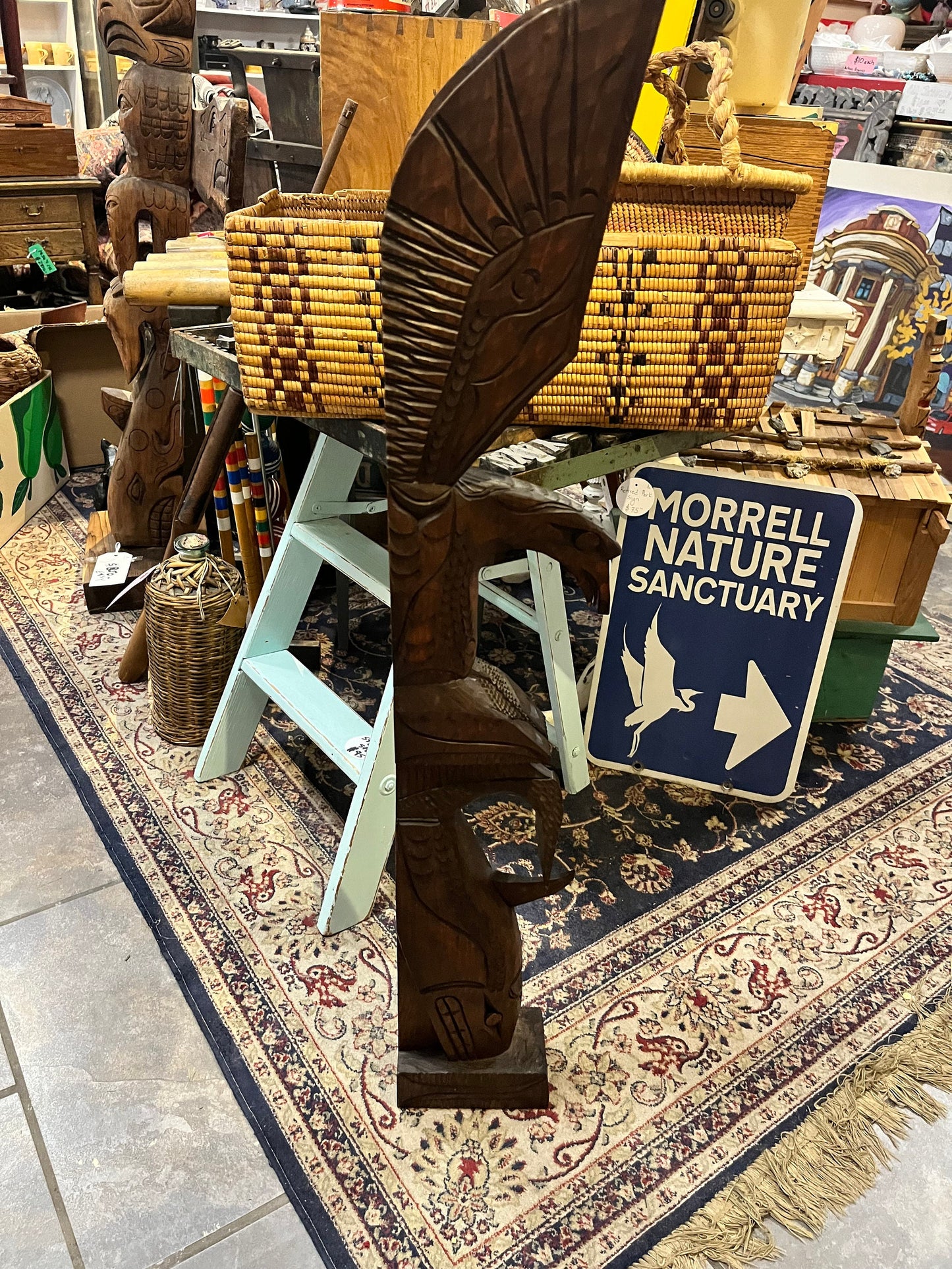 Magnificent 36 inch tall Chris John indigenous first nations, Pacific Northwest winged totem pole great detail and fabulous look
