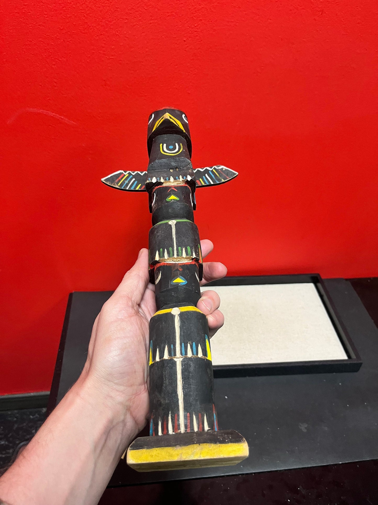 A 14 x 6 wide stunning older primitive, signed indigenous first nations Pacific northwest coast totem pole in great condition