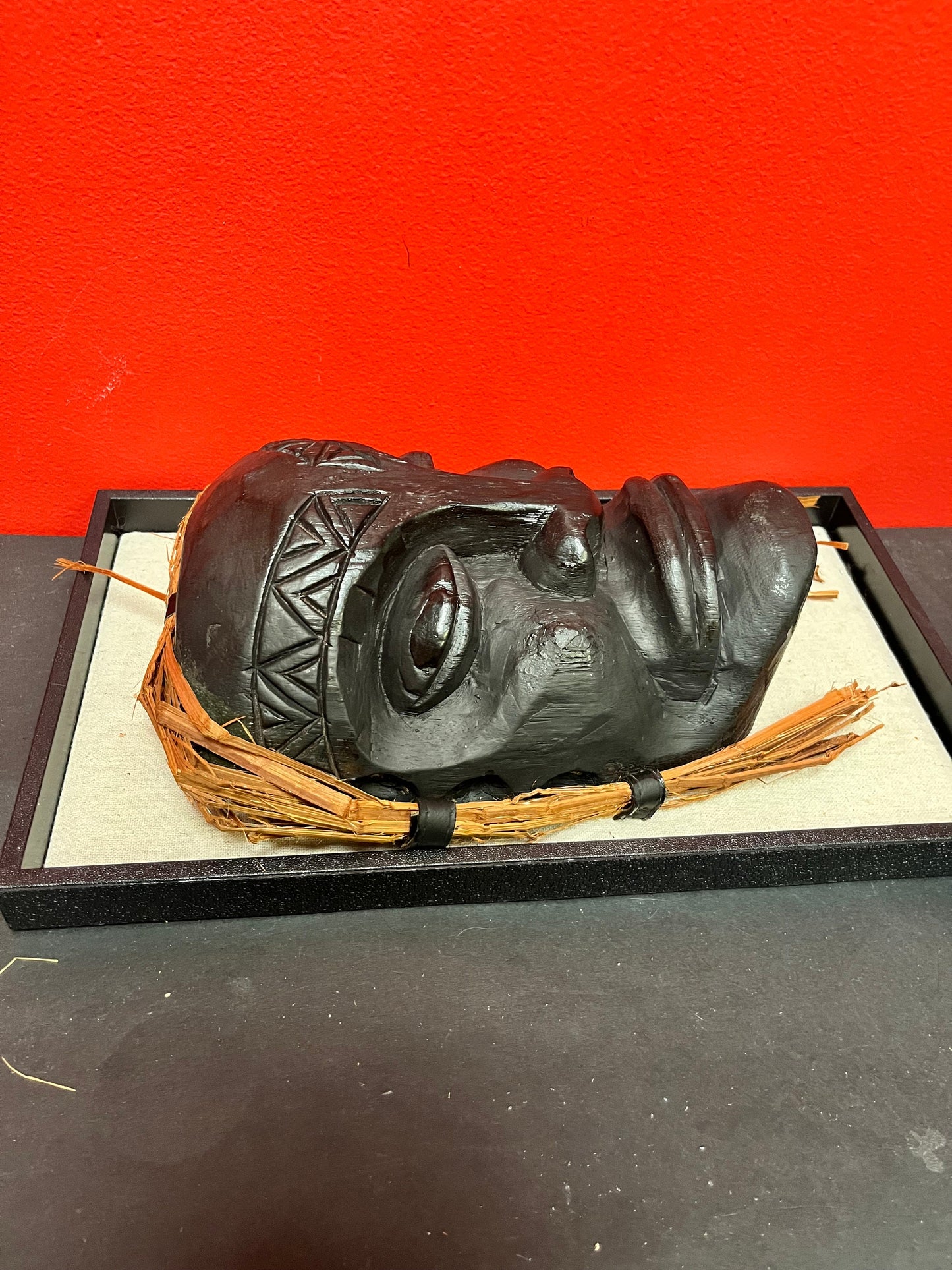 A fabulous 9 x 7 wide Brad, Joseph Wildman mask with Cedar hair stunning imagery indigenous first nations Pacific northwest coast mask