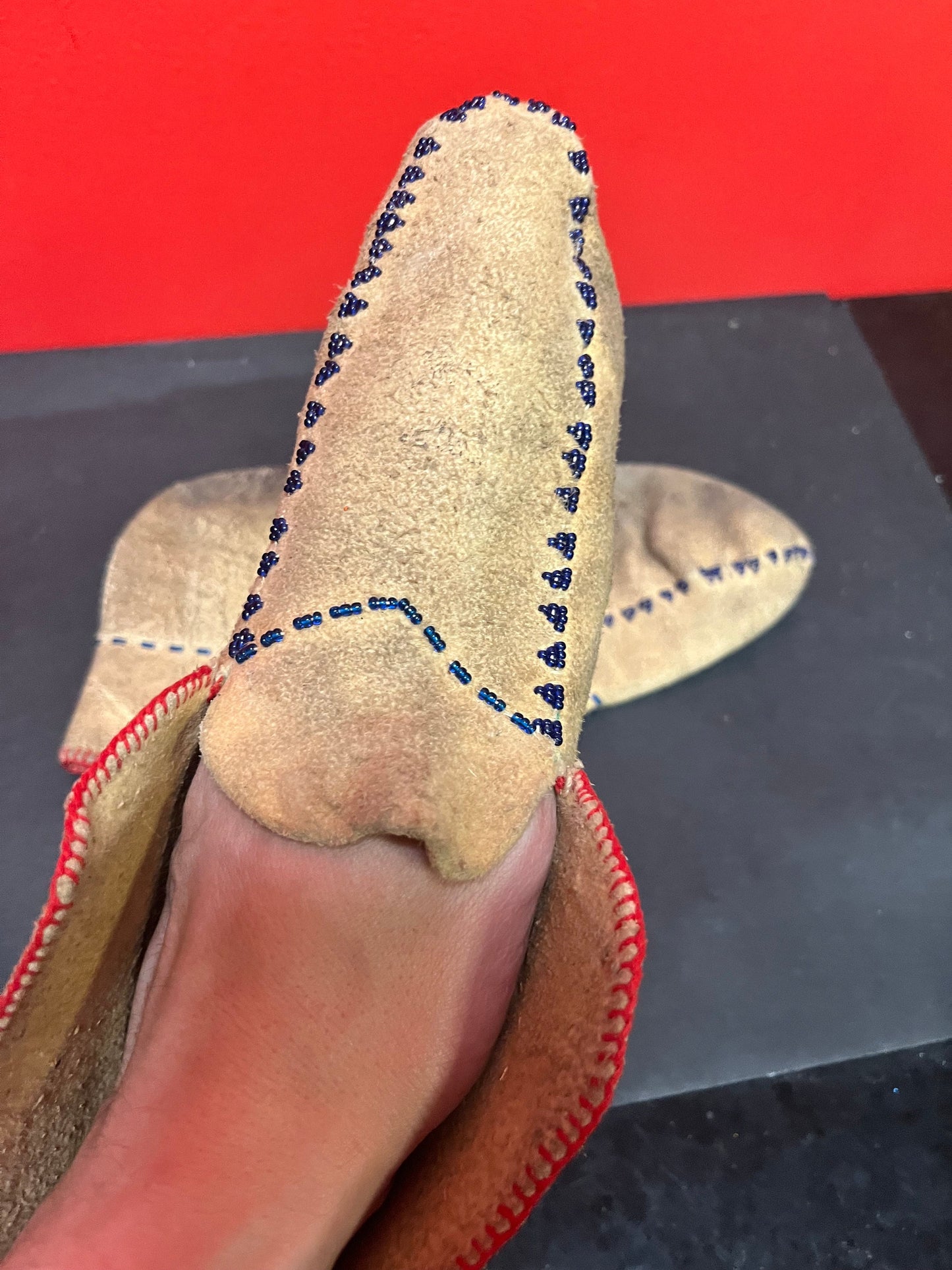 Lovely, antique unique leather beaded moccasin shoes 11 x 6 high in antique condition indigenous first nations Pacific Northwest coast