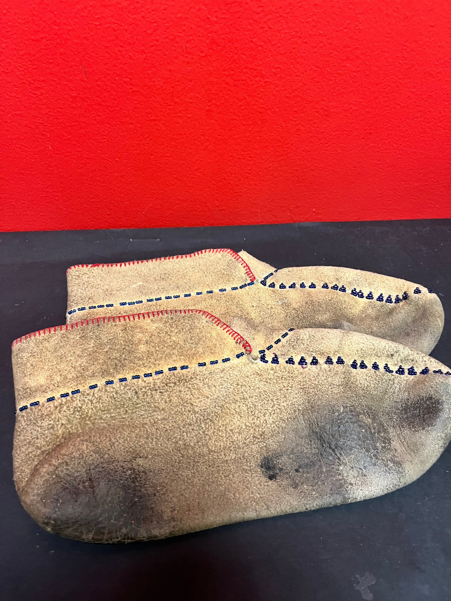 Lovely, antique unique leather beaded moccasin shoes 11 x 6 high in antique condition indigenous first nations Pacific Northwest coast