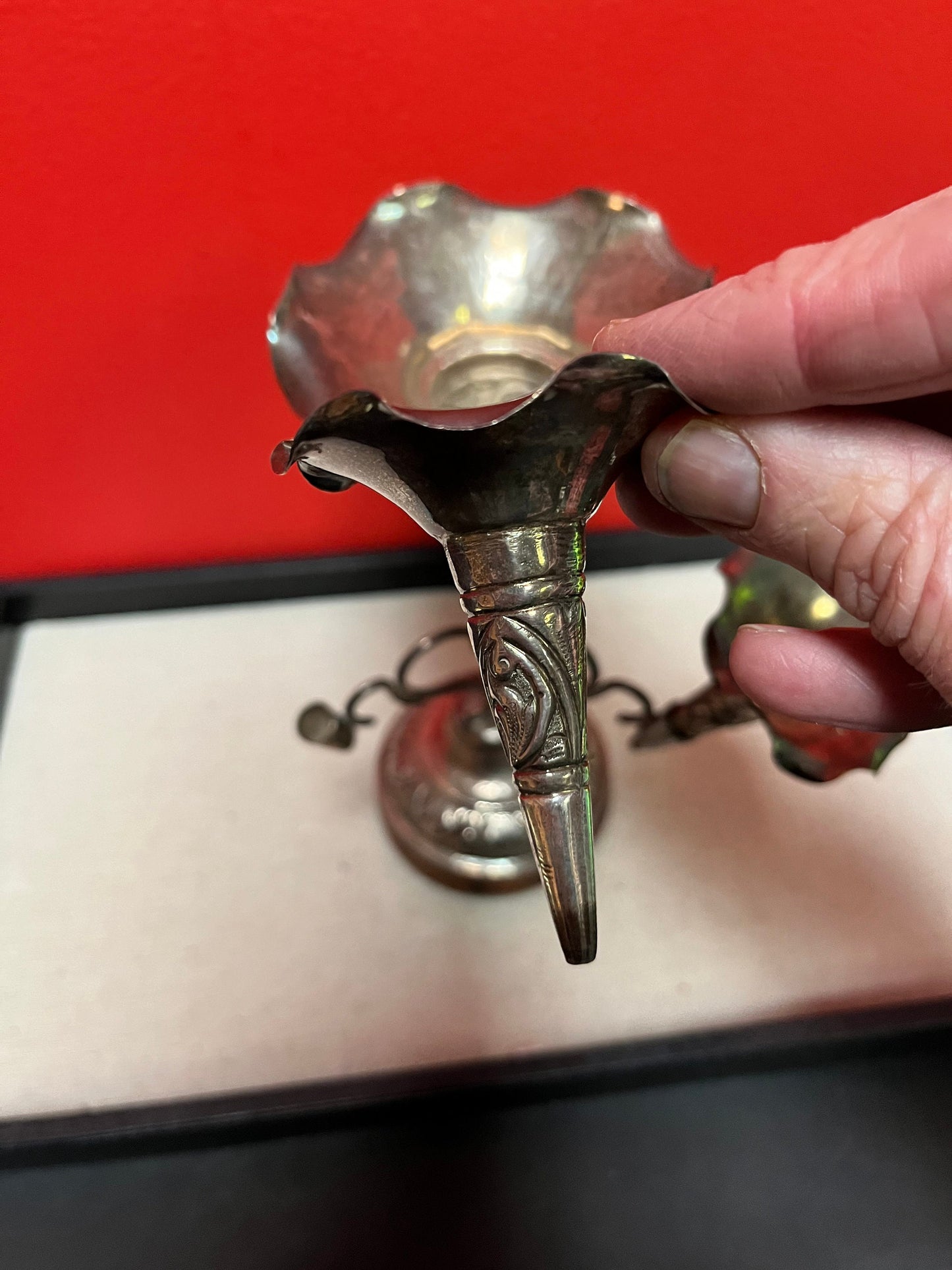 Stunning antique Chinese sterling silver unmarked epergne great piece on rosewood stand wow