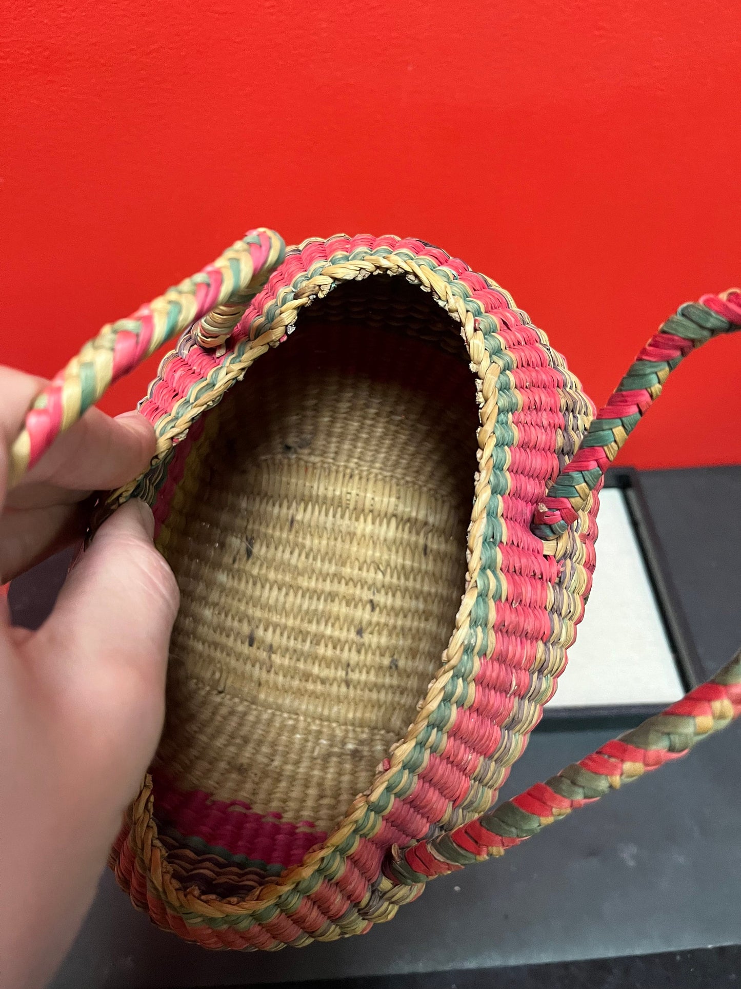 Very cool older North American indigenous woven basket 8 inches amazing color and shape Navajo style