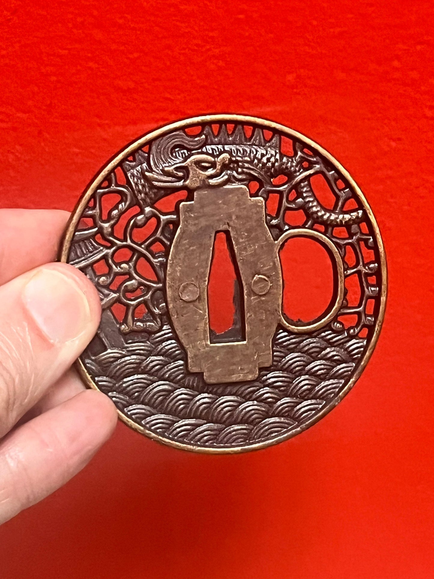 3 inch Japanese metal samurai tsuba vintage, depicting dragons from major collection