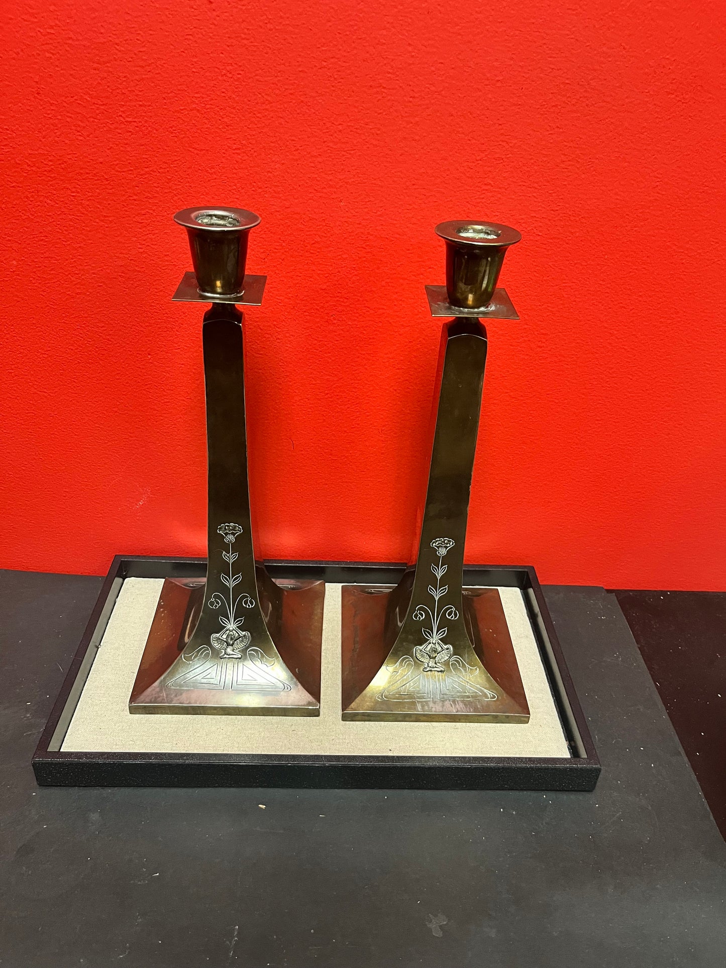 13 inch Karnak brass by Benici  Egyptian revival arts and crafts candlesticks -  lovely patina  grand style