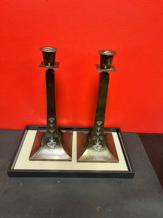 13 inch Karnak brass by Benici  Egyptian revival arts and crafts candlesticks -  lovely patina  grand style