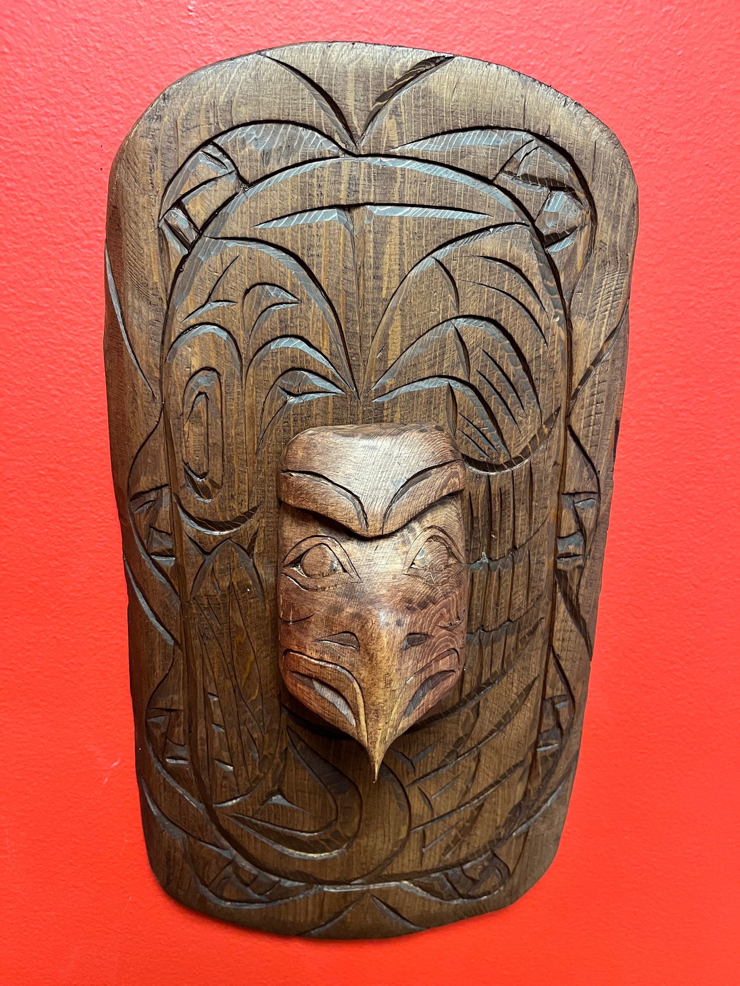 Stunning 14 x 8 indigenous, first nations, Pacific Northwest coast, eagle and ancestor mask on plaque Stan Joseph beauty wow