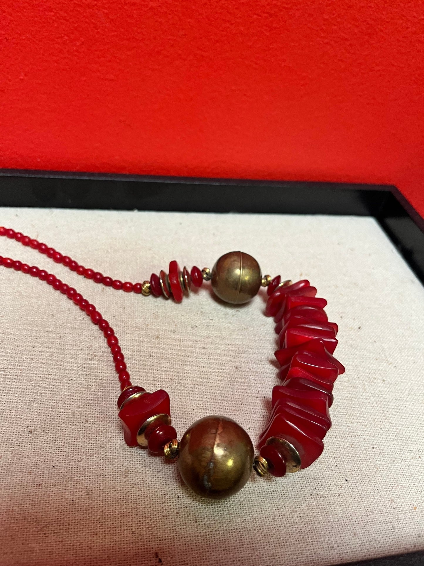 Approximately 22 inch long lucite and brass necklace great colour and look