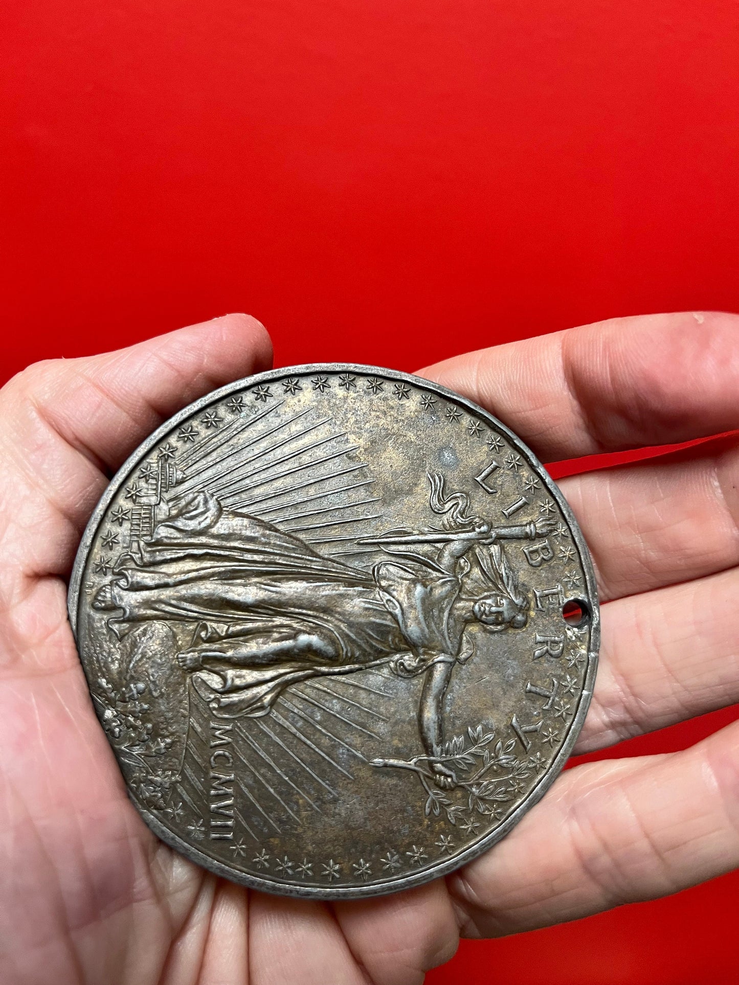 Really cool 3 inch wide heavy antique bronze 20 dollar coin medal  American currency  Liberty and freedom 1907