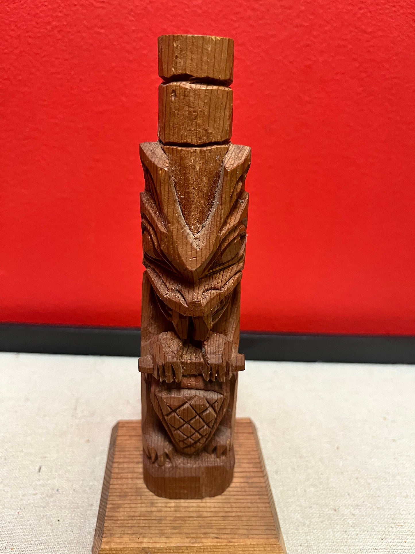 Lovely signed 8 inch tall indigenous first nations, Pacific Northwest coast totem pole nice detail and imagery