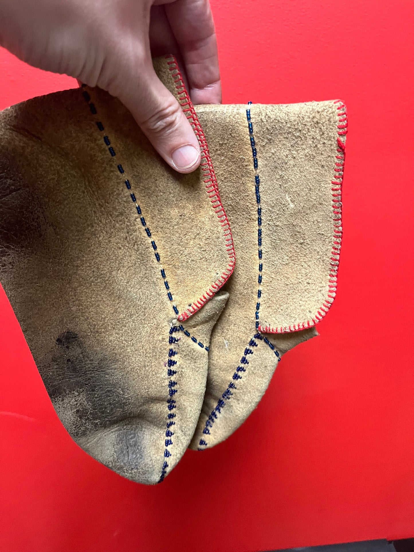 Lovely, antique unique leather beaded moccasin shoes 11 x 6 high in antique condition indigenous first nations Pacific Northwest coast