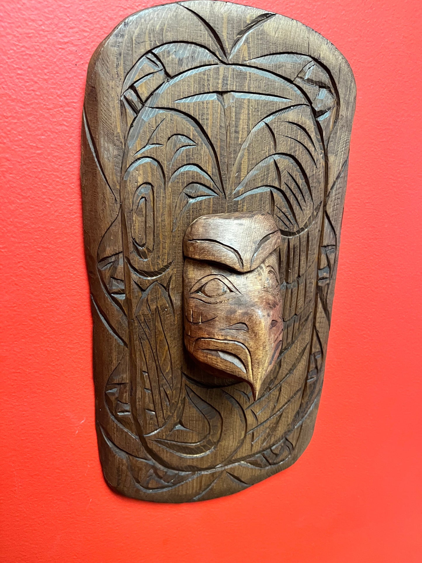 Stunning 14 x 8 indigenous, first nations, Pacific Northwest coast, eagle and ancestor mask on plaque Stan Joseph beauty wow