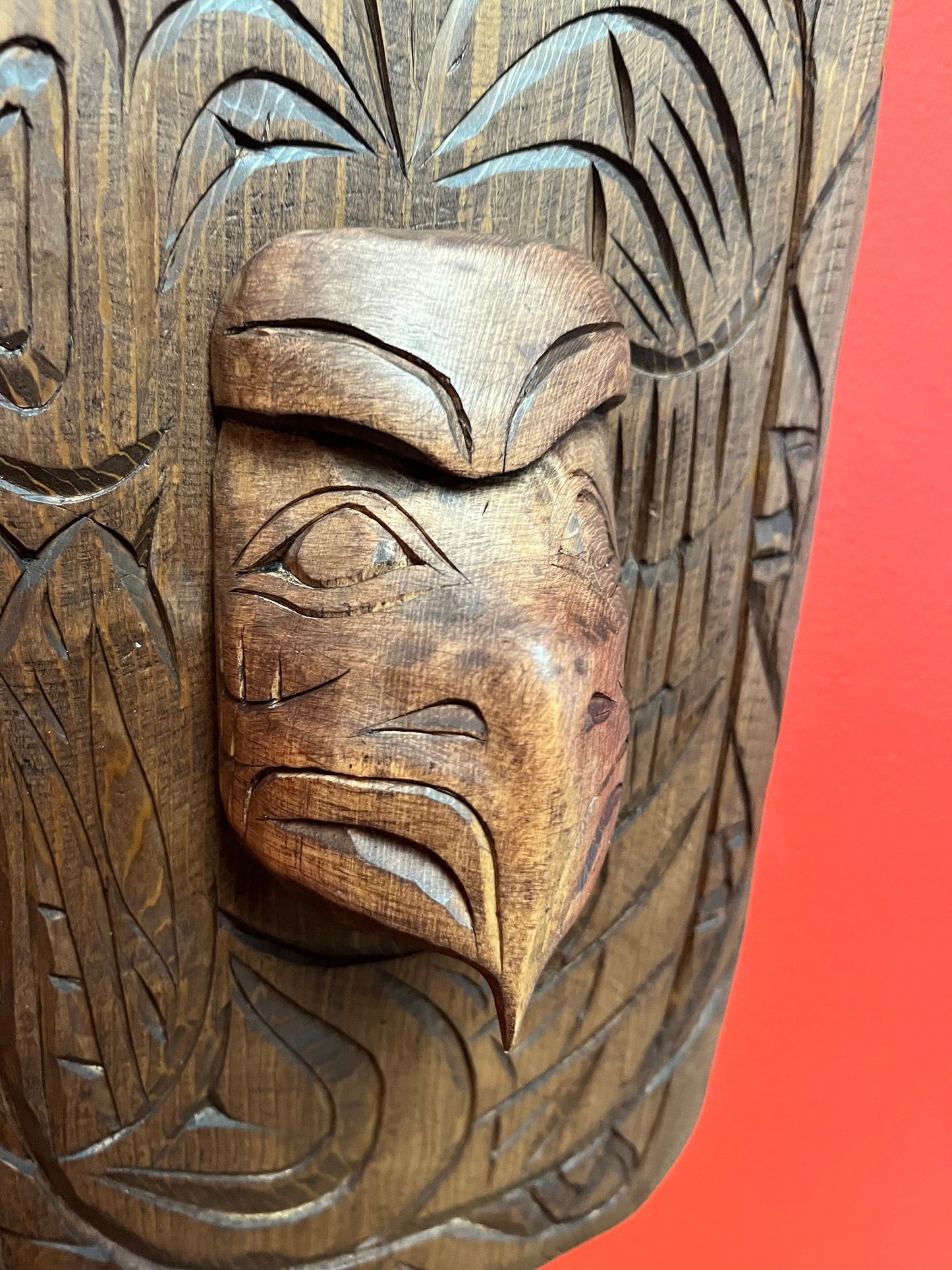 Stunning 14 x 8 indigenous, first nations, Pacific Northwest coast, eagle and ancestor mask on plaque Stan Joseph beauty wow