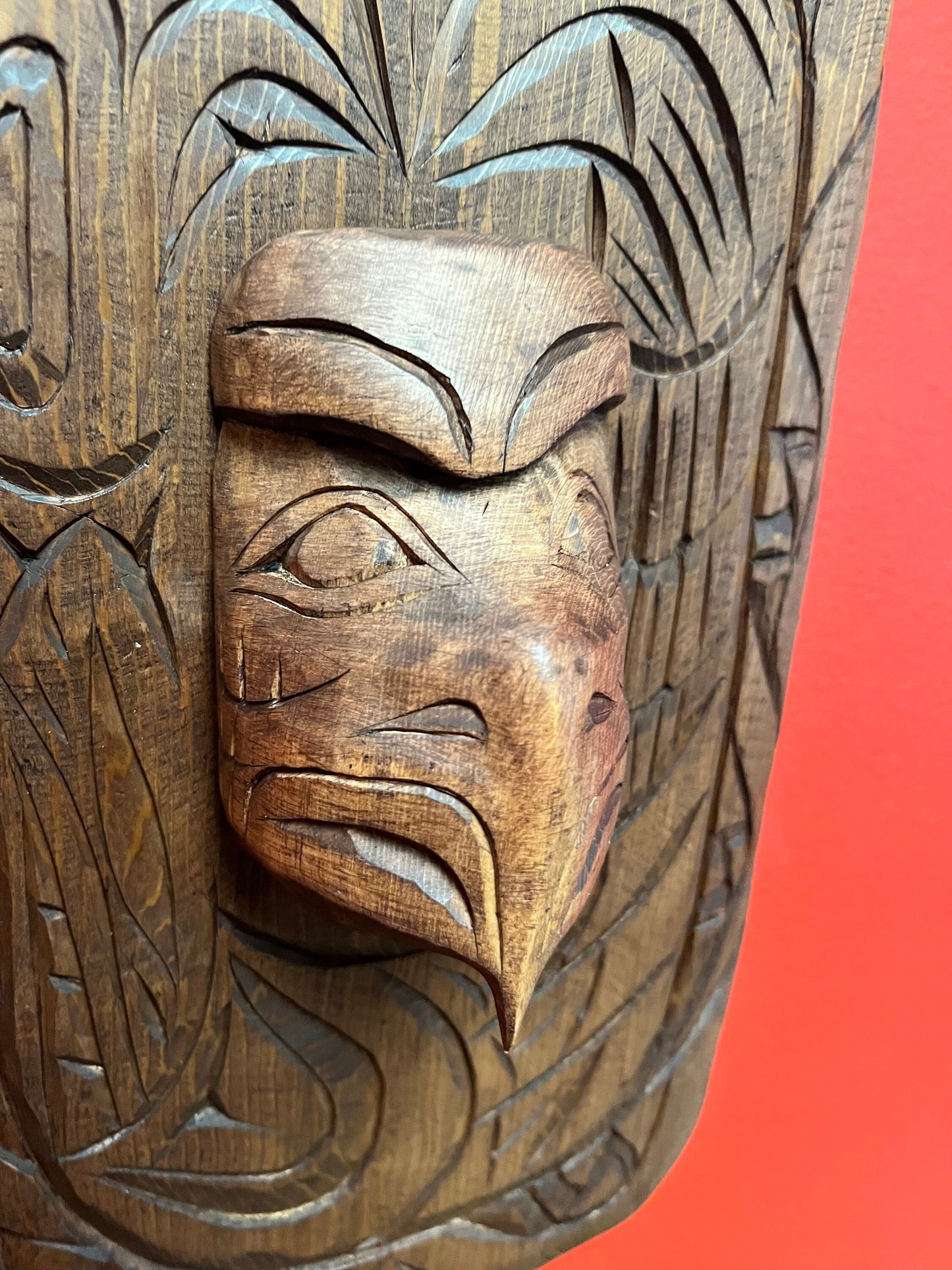 Stunning 14 x 8 indigenous, first nations, Pacific Northwest coast, eagle and ancestor mask on plaque Stan Joseph beauty wow