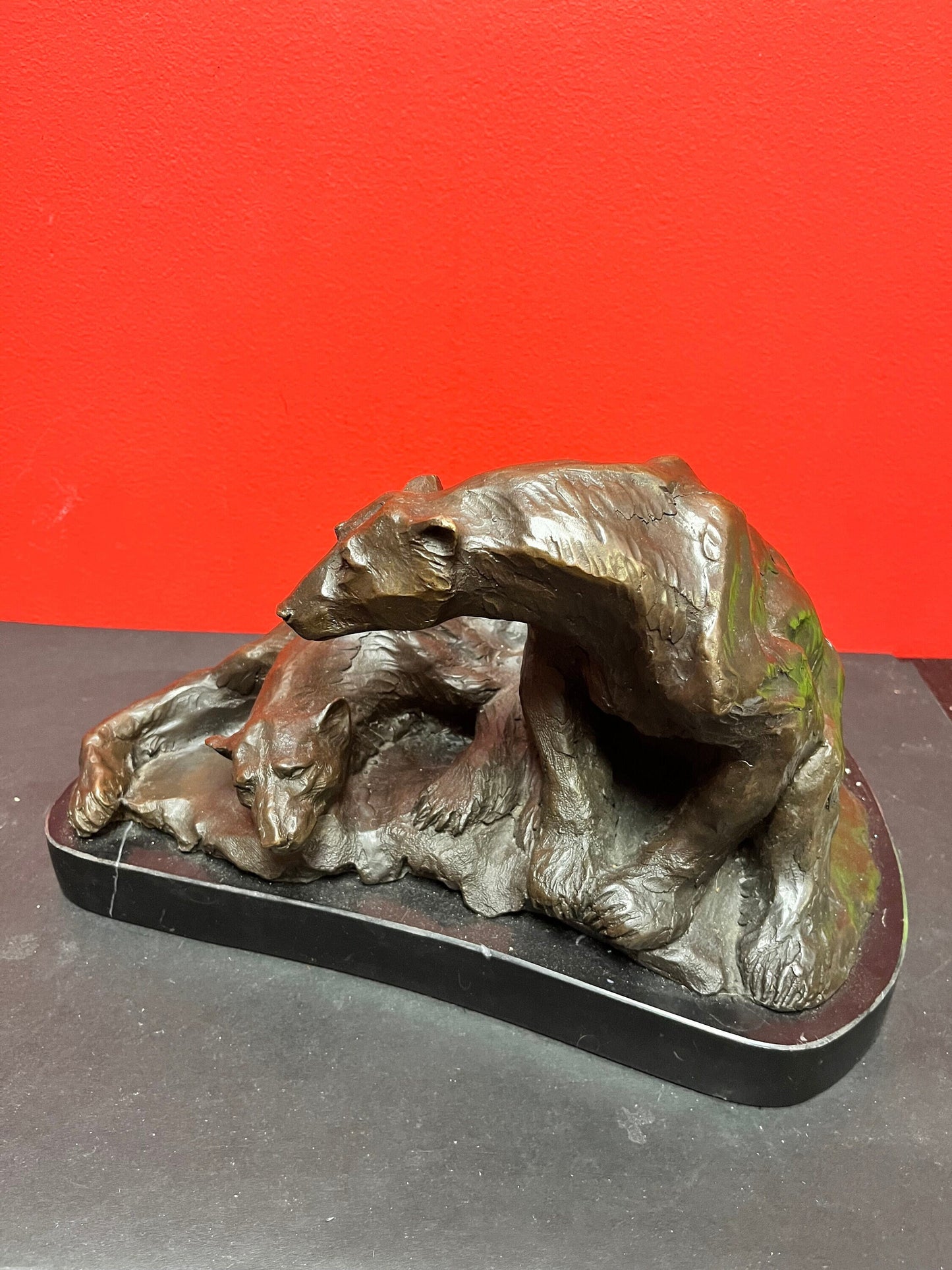 Stunning 13 x 9 x 8 high French signed bronze statue of Bears antique BARYE on marble base huge and realistic