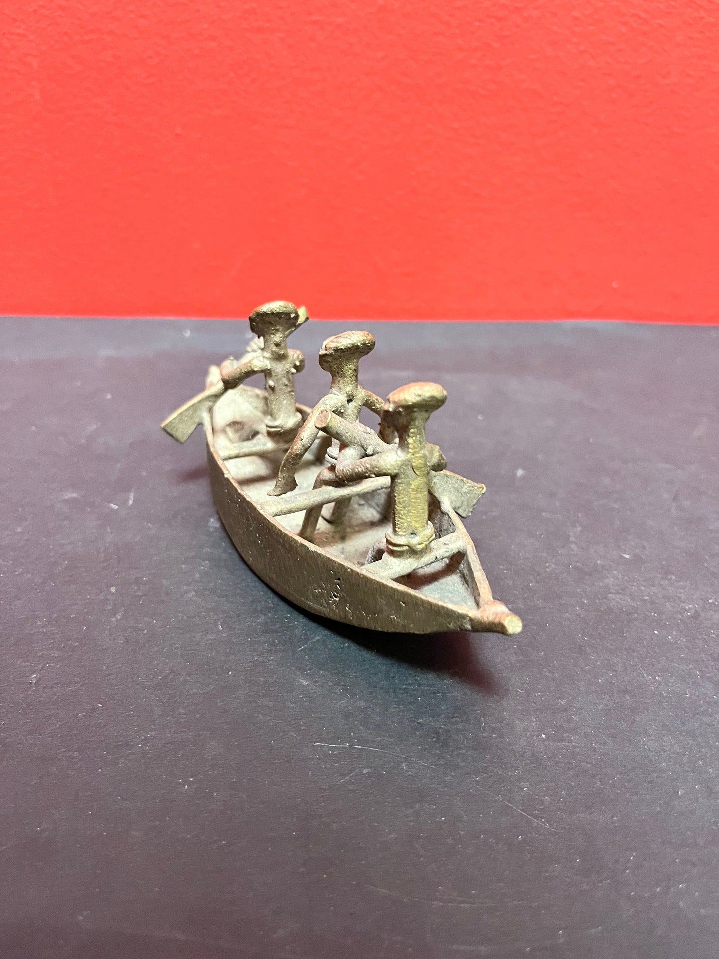 5 inch long African Ashanti bronze men rowing a canoe lovely detail