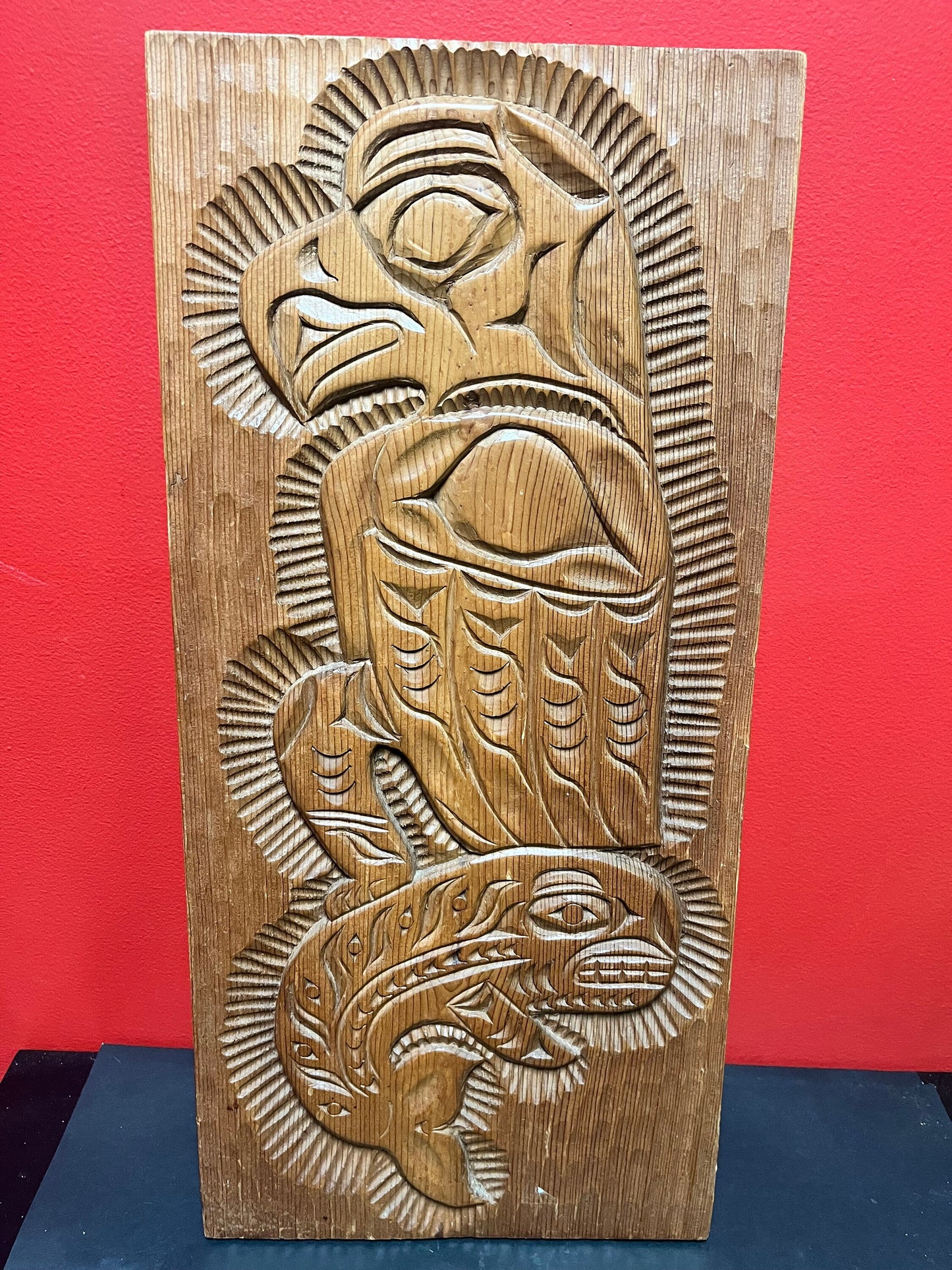 24 x 11“ indigenous first nations, Pacific Northwest coast signed Eagle killer whale plaque - nice detail and imagery