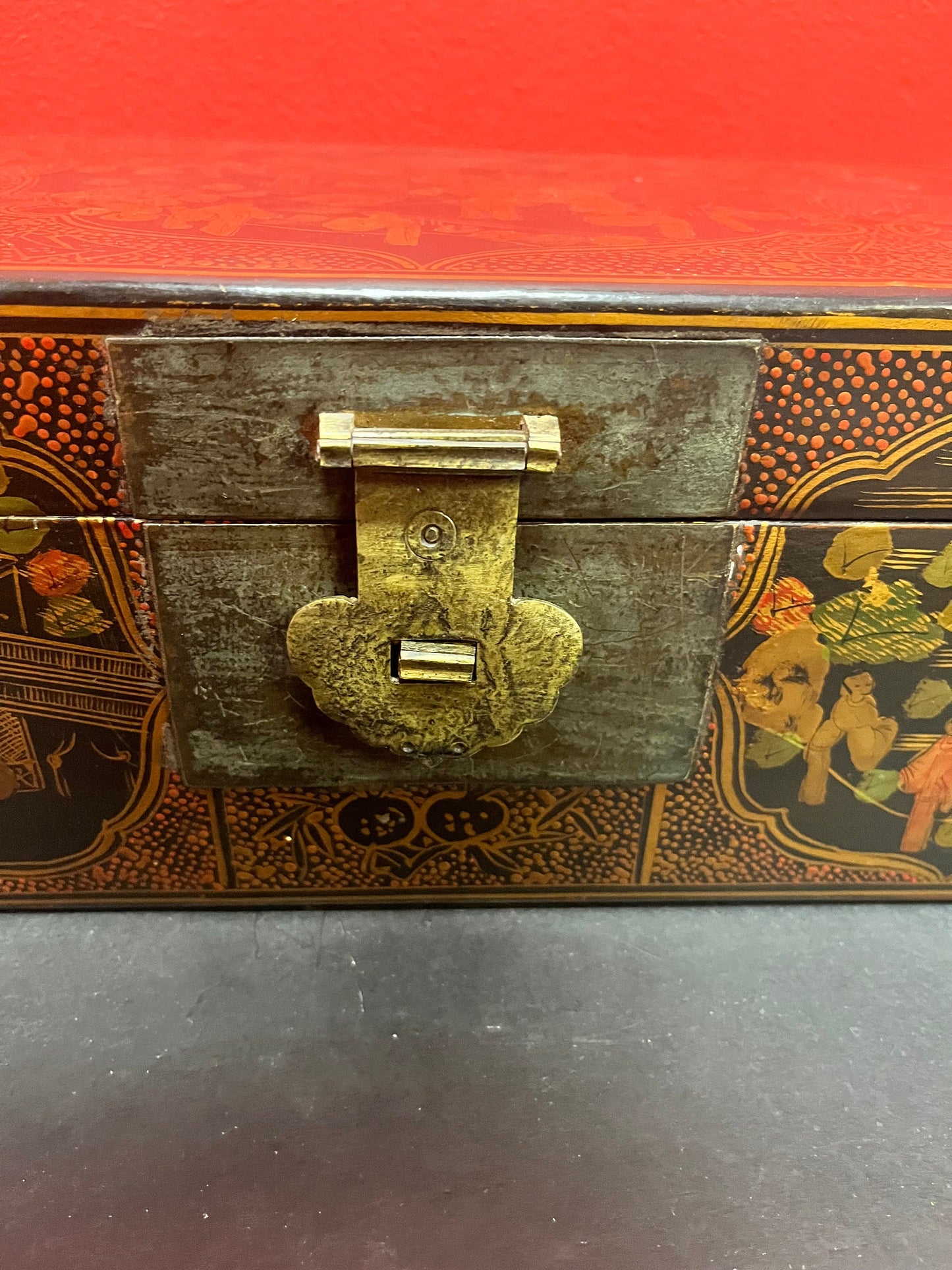 A  14 x 7 x 4 inch high Japanese signed lacquer antique box with bronze latch  immaculate condition and detail