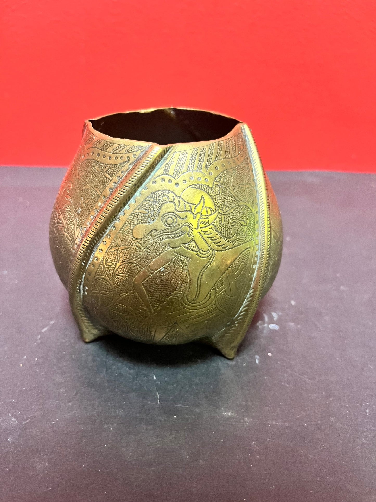 4 inch high Indonesian antique brass, heavily decorated vase