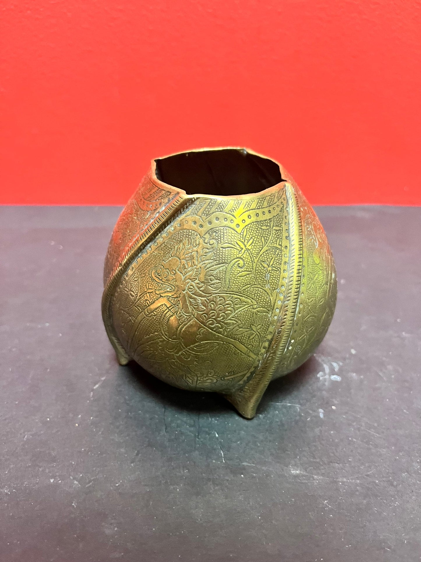 4 inch high Indonesian antique brass, heavily decorated vase