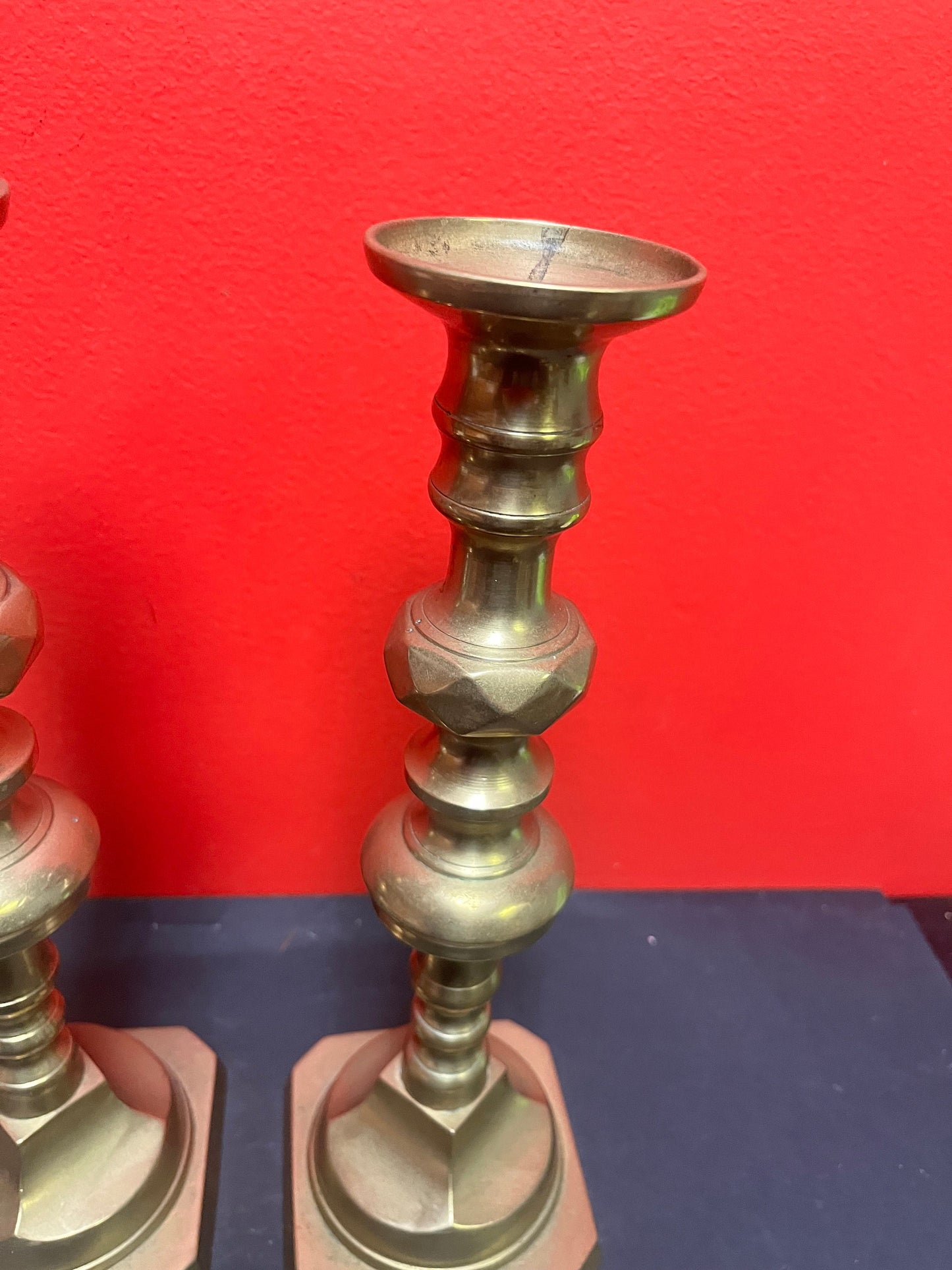 Very heavy 11 1/2 inch English diamond pattern brass candlesticks really fabulous quality pair great condition no wobble