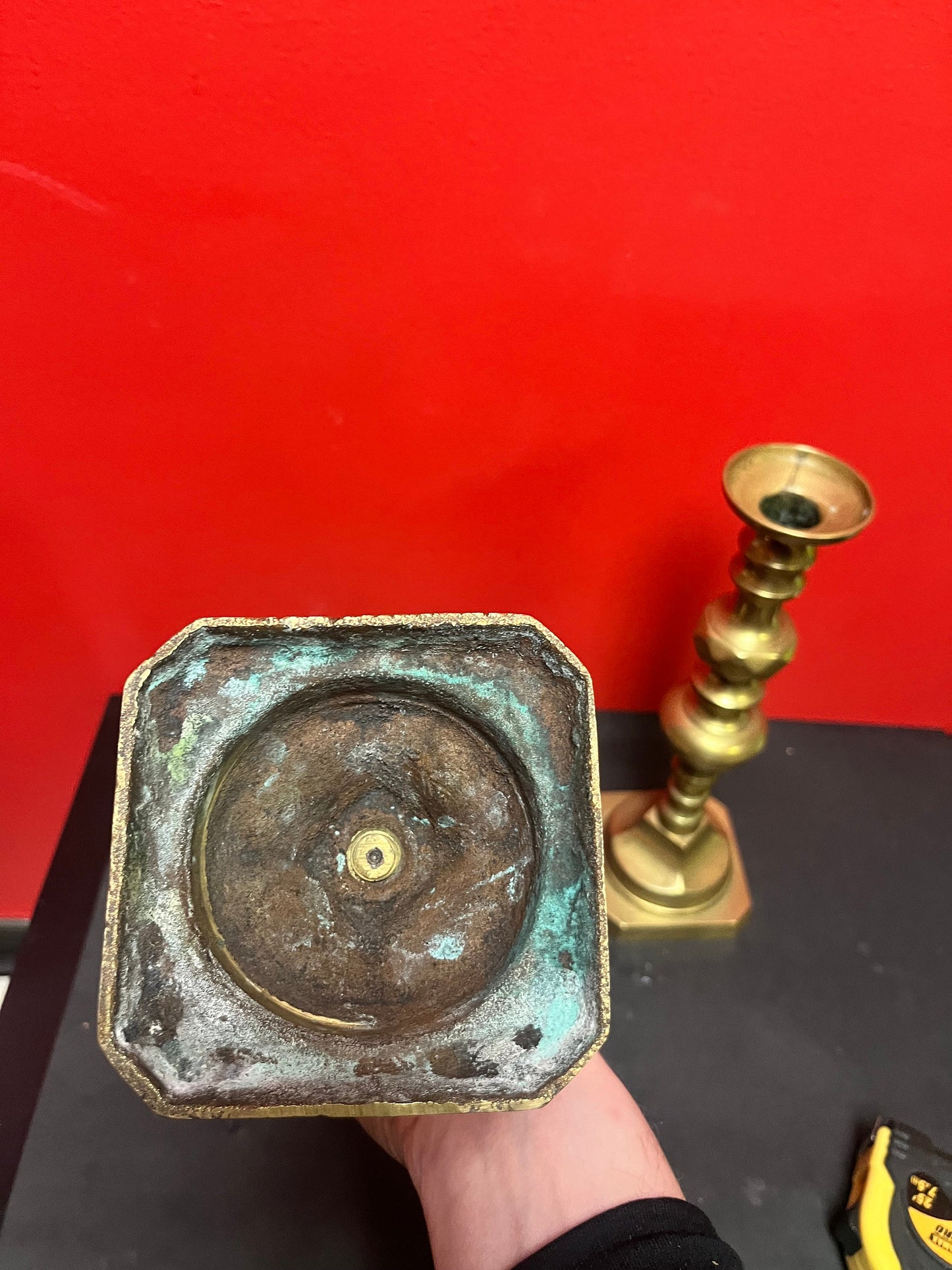 Very heavy 11 1/2 inch English diamond pattern brass candlesticks really fabulous quality pair great condition no wobble