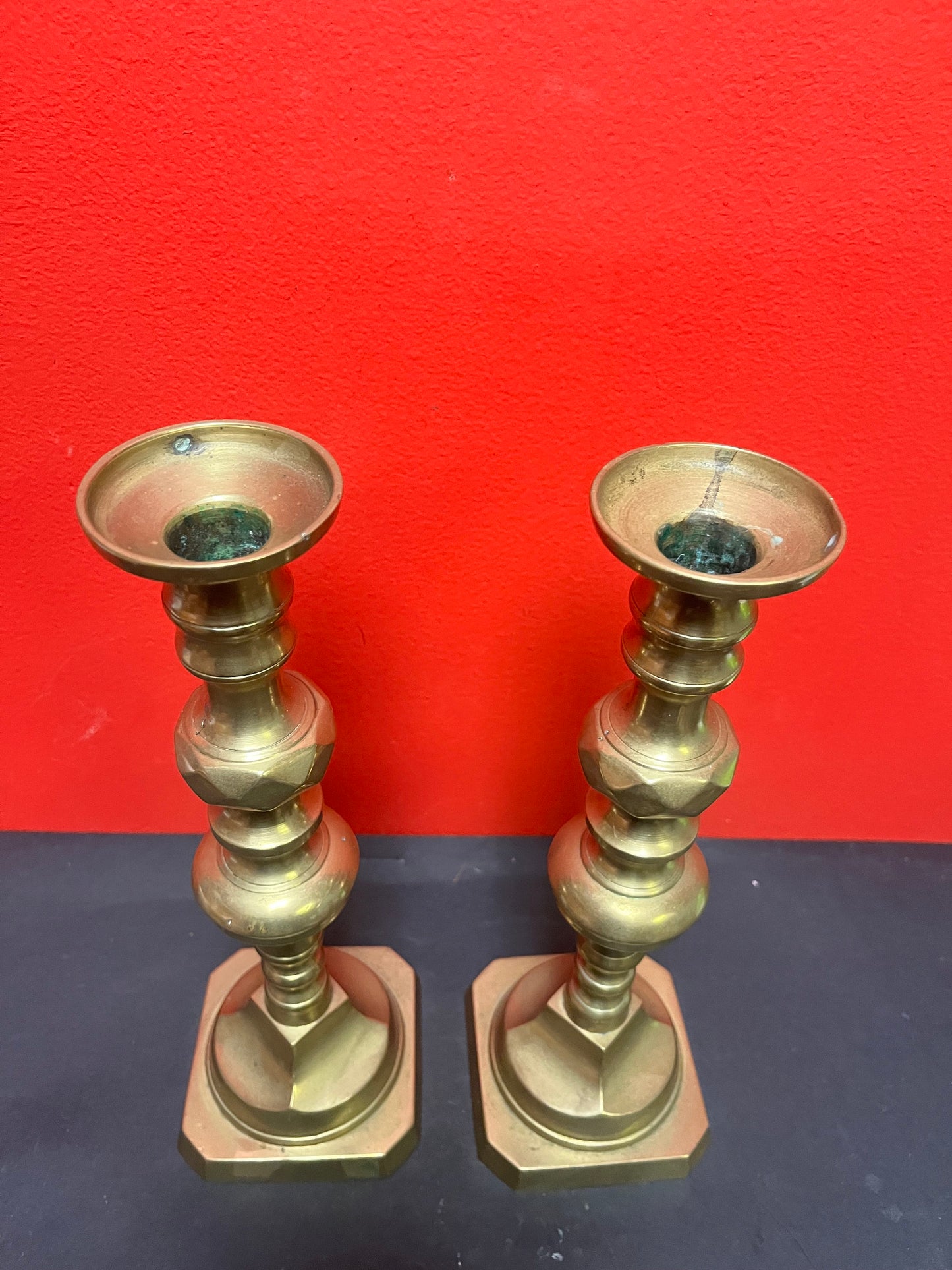 Very heavy 11 1/2 inch English diamond pattern brass candlesticks really fabulous quality pair great condition no wobble
