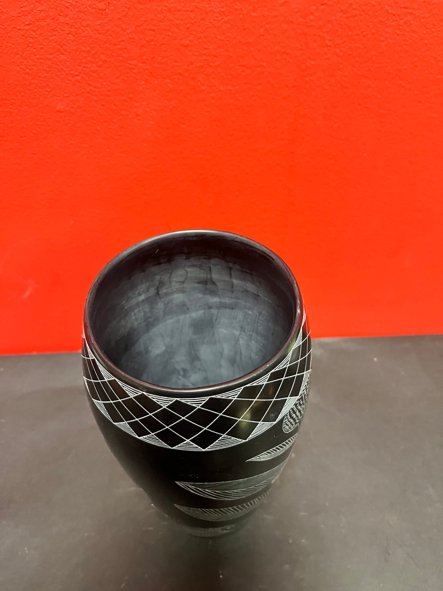 A  Tall 9 inch lovely stone African vase with lovely detail - signed kenyan beauty