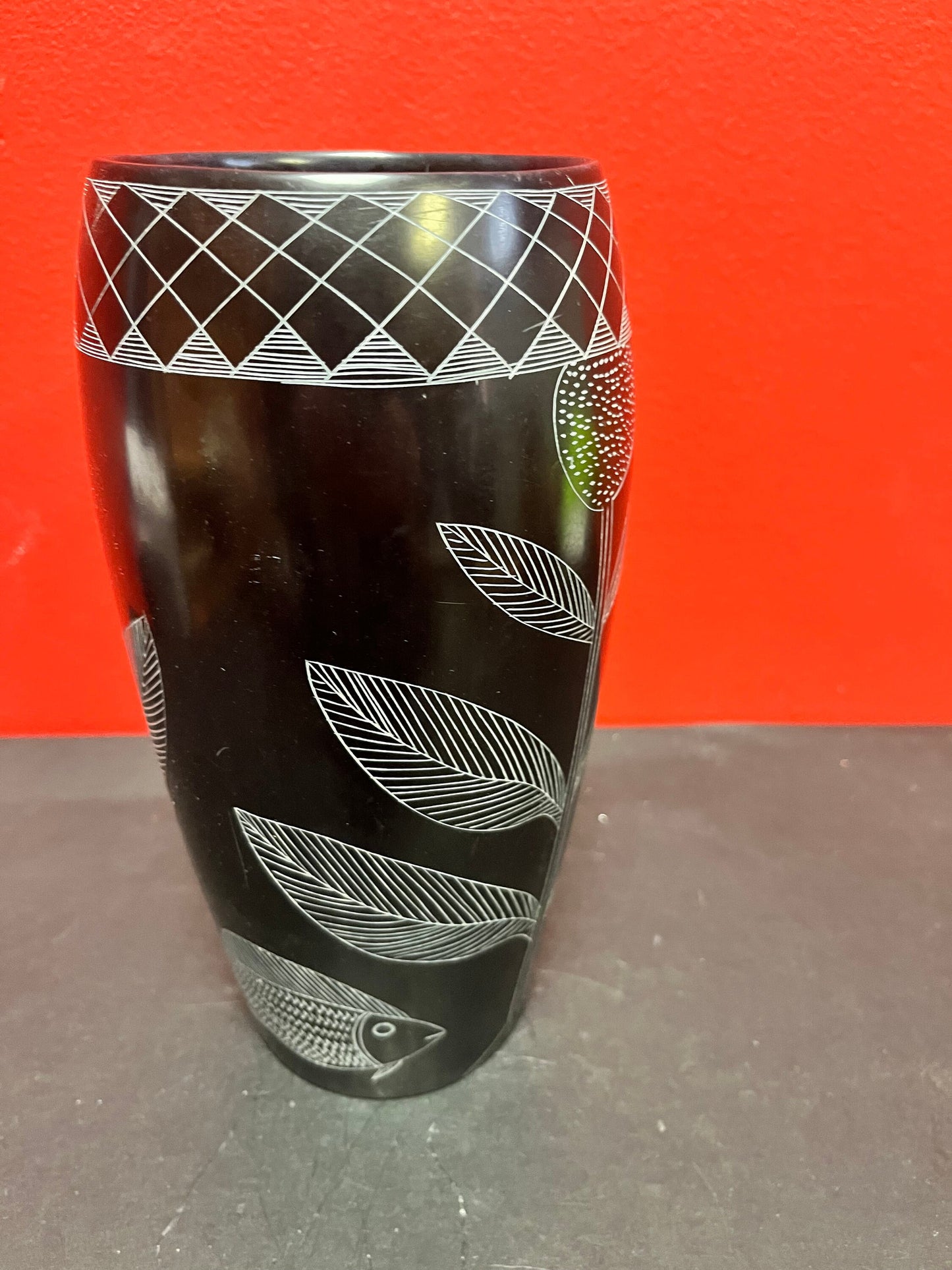 A  Tall 9 inch lovely stone African vase with lovely detail - signed kenyan beauty