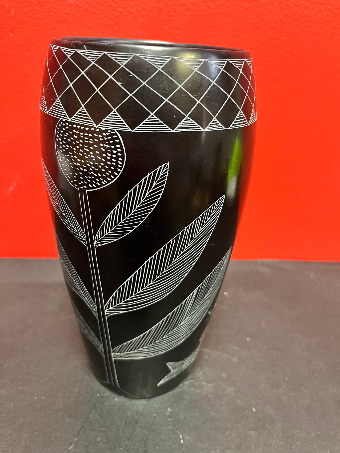 A  Tall 9 inch lovely stone African vase with lovely detail - signed kenyan beauty