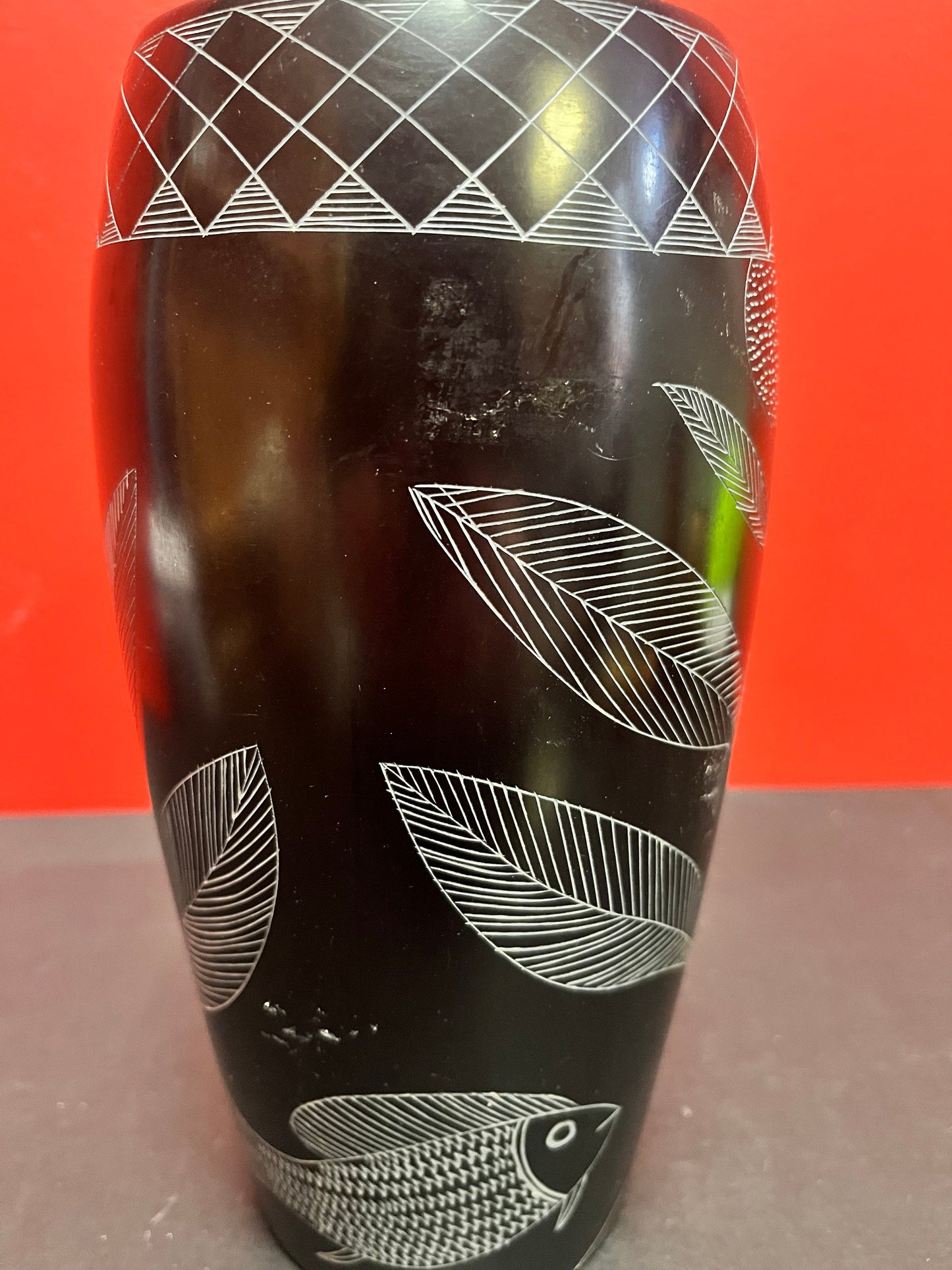 A  Tall 9 inch lovely stone African vase with lovely detail - signed kenyan beauty