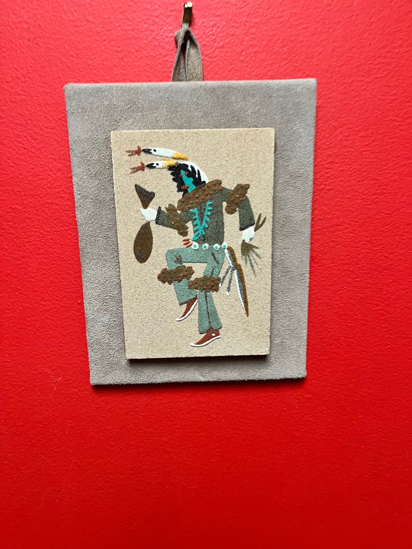 Pretty 8 x 6 antique authentic Navajo sand painting   signed with info on back and frame as is frame