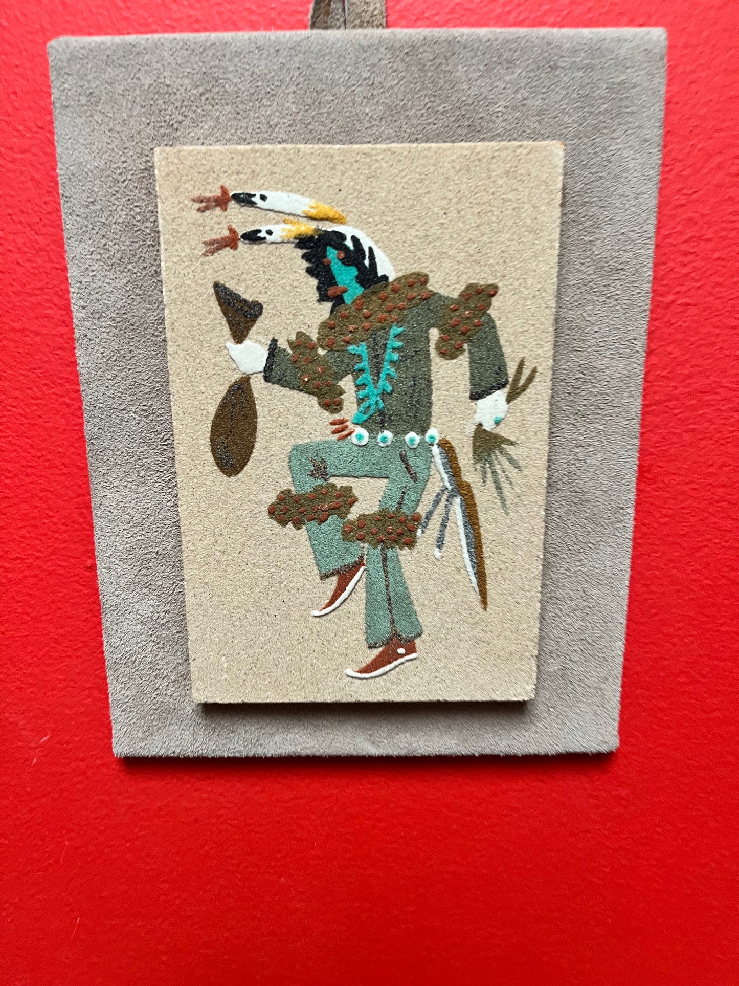 Pretty 8 x 6 antique authentic Navajo sand painting   signed with info on back and frame as is frame