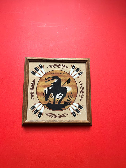 Lovely 13 inch authentic Navajo sand painting in frame    signed on back with information