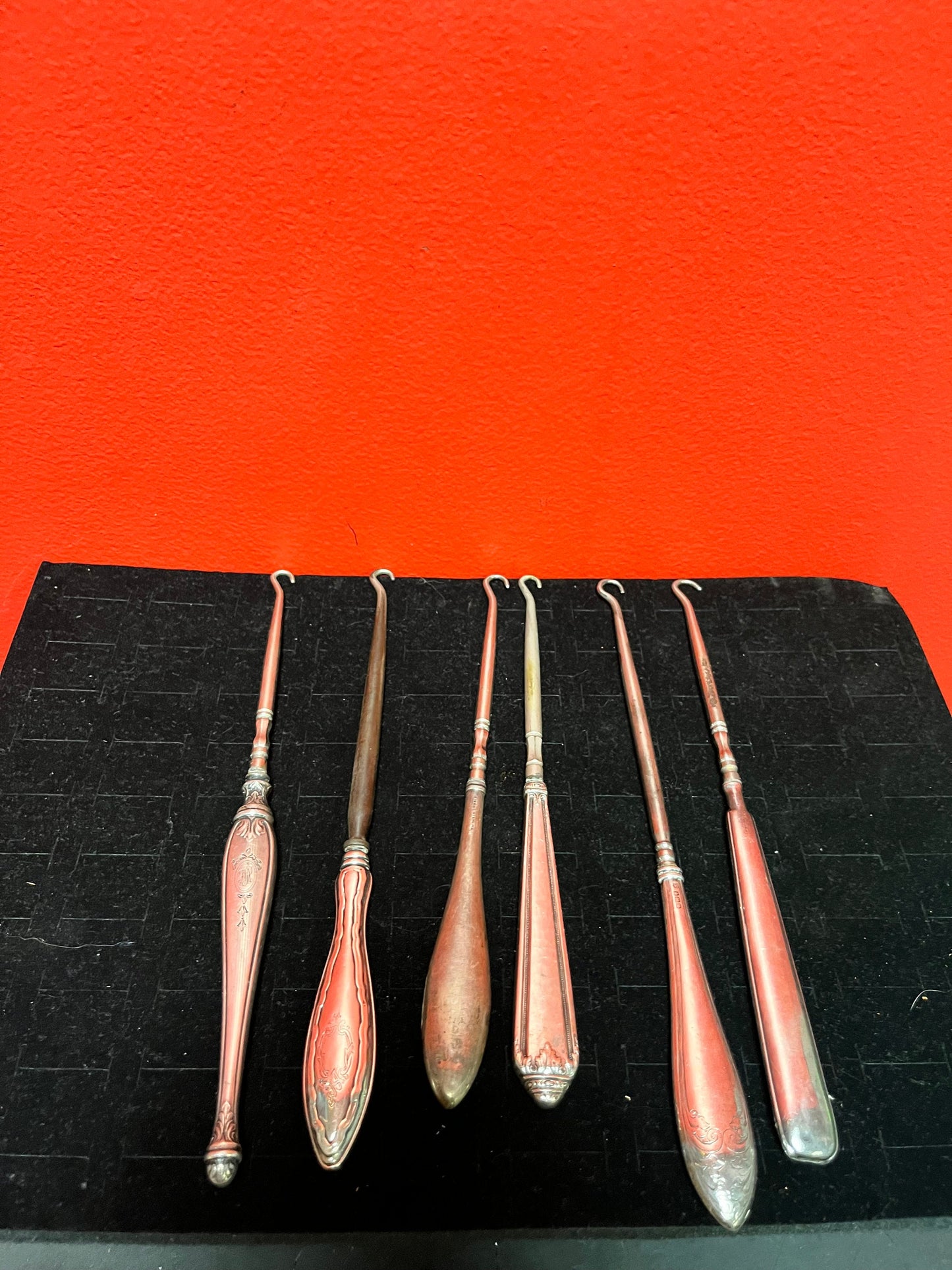 Fantastic job lot of six English sterling handled antique button hooks  7 to 9 inches long each  price for all  wow