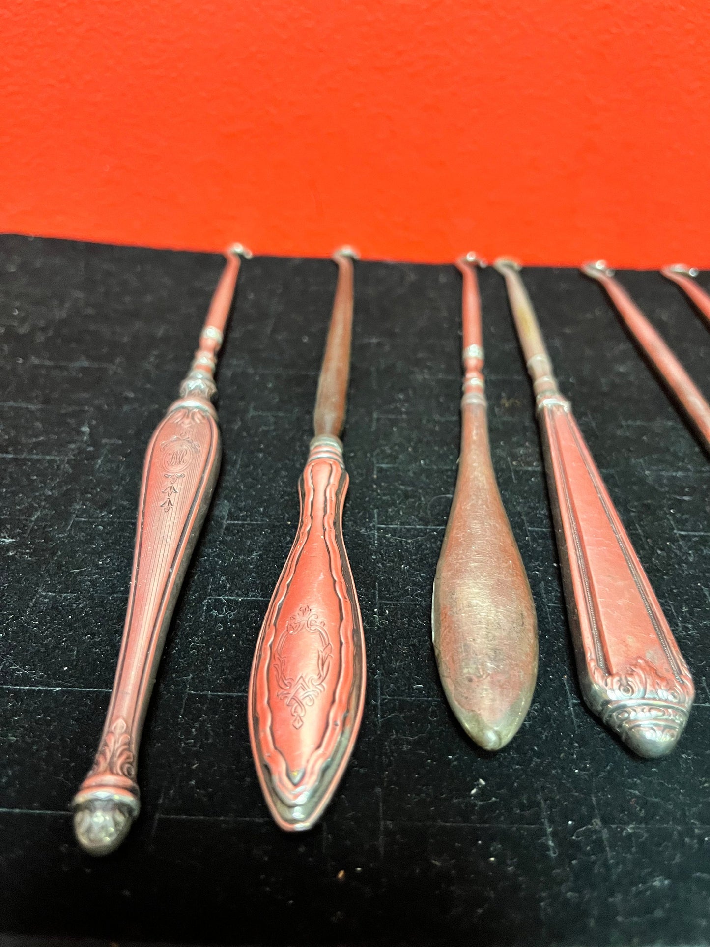 Fantastic job lot of six English sterling handled antique button hooks  7 to 9 inches long each  price for all  wow