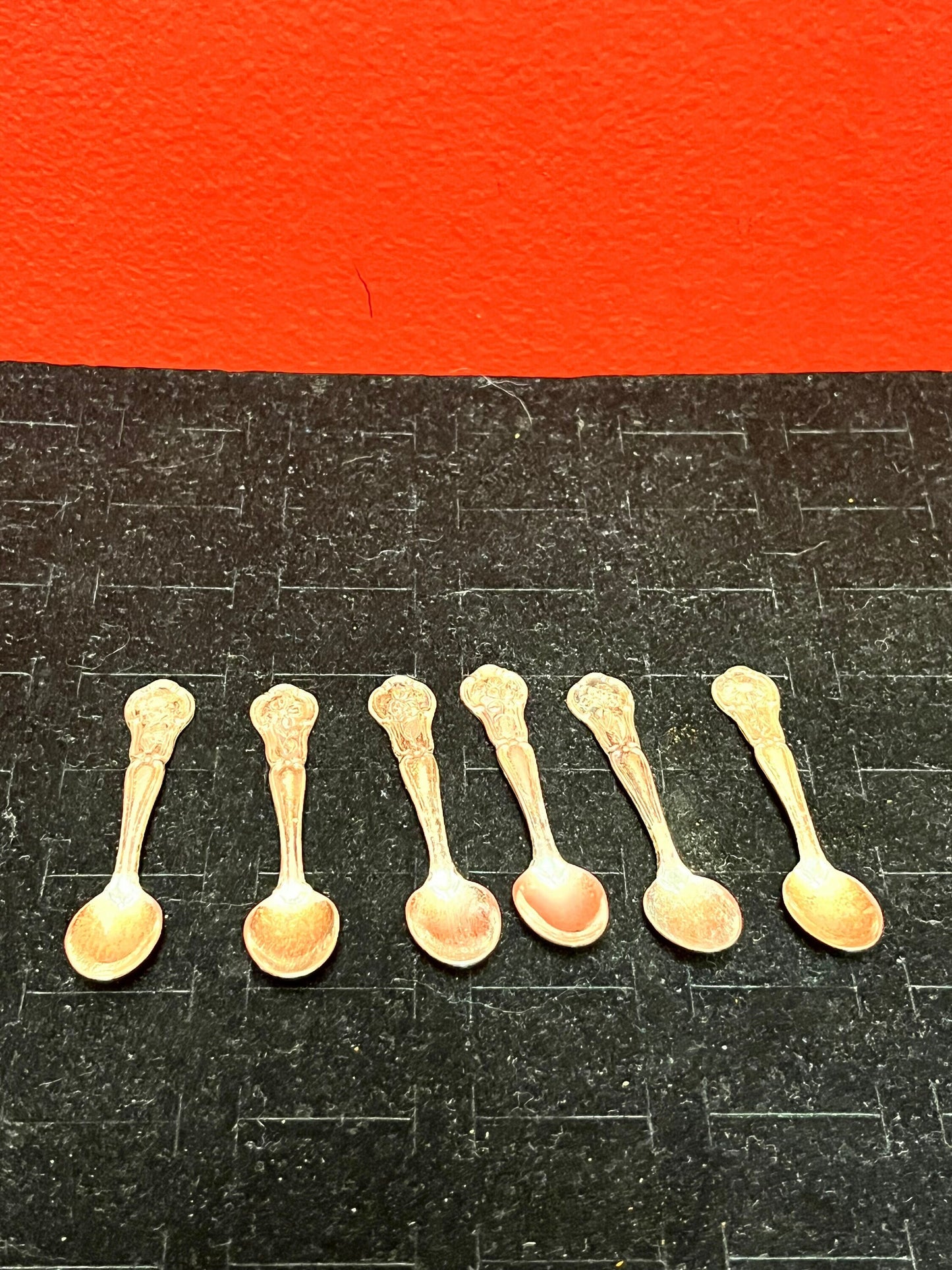 A  Beautiful set of six miniature 2 1/2 inch English sterling silver spoons  great value and need polish- perfect gift - tea time