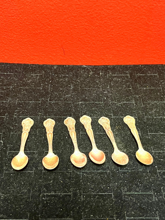 A  Beautiful set of six miniature 2 1/2 inch English sterling silver spoons  great value and need polish- perfect gift - tea time