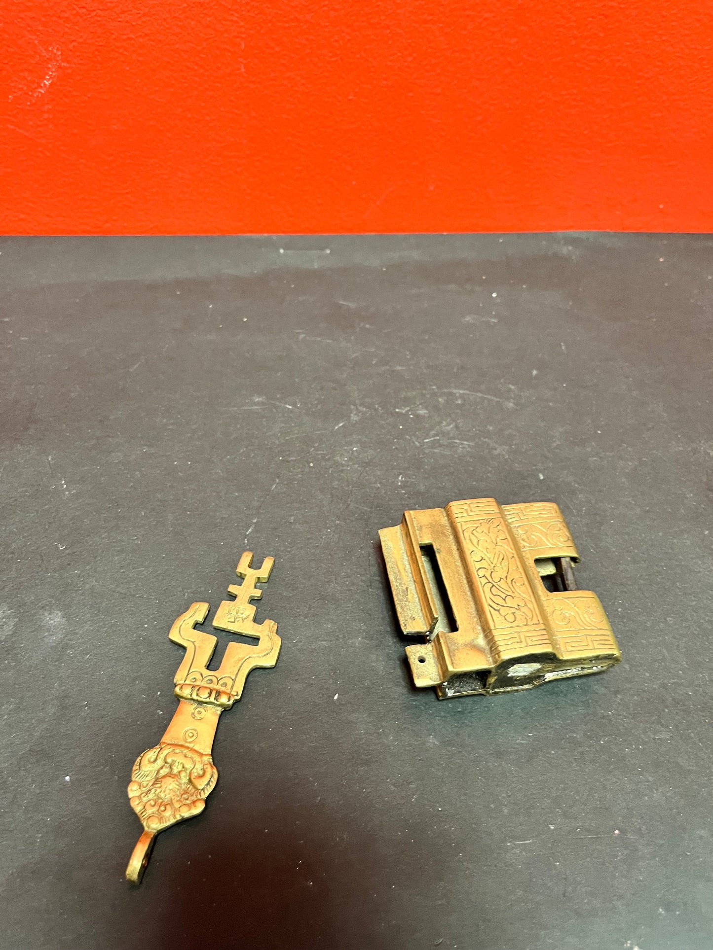 Fabulous rare antique Chinese Lock with key  great detail and patina 3 inches