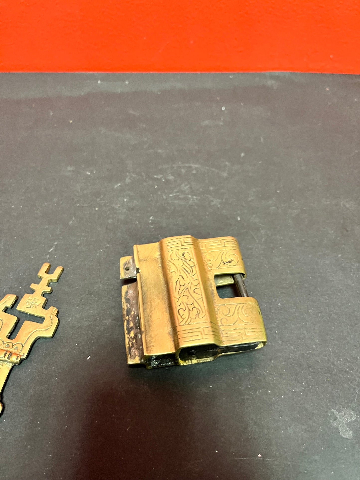 Fabulous rare antique Chinese Lock with key  great detail and patina 3 inches