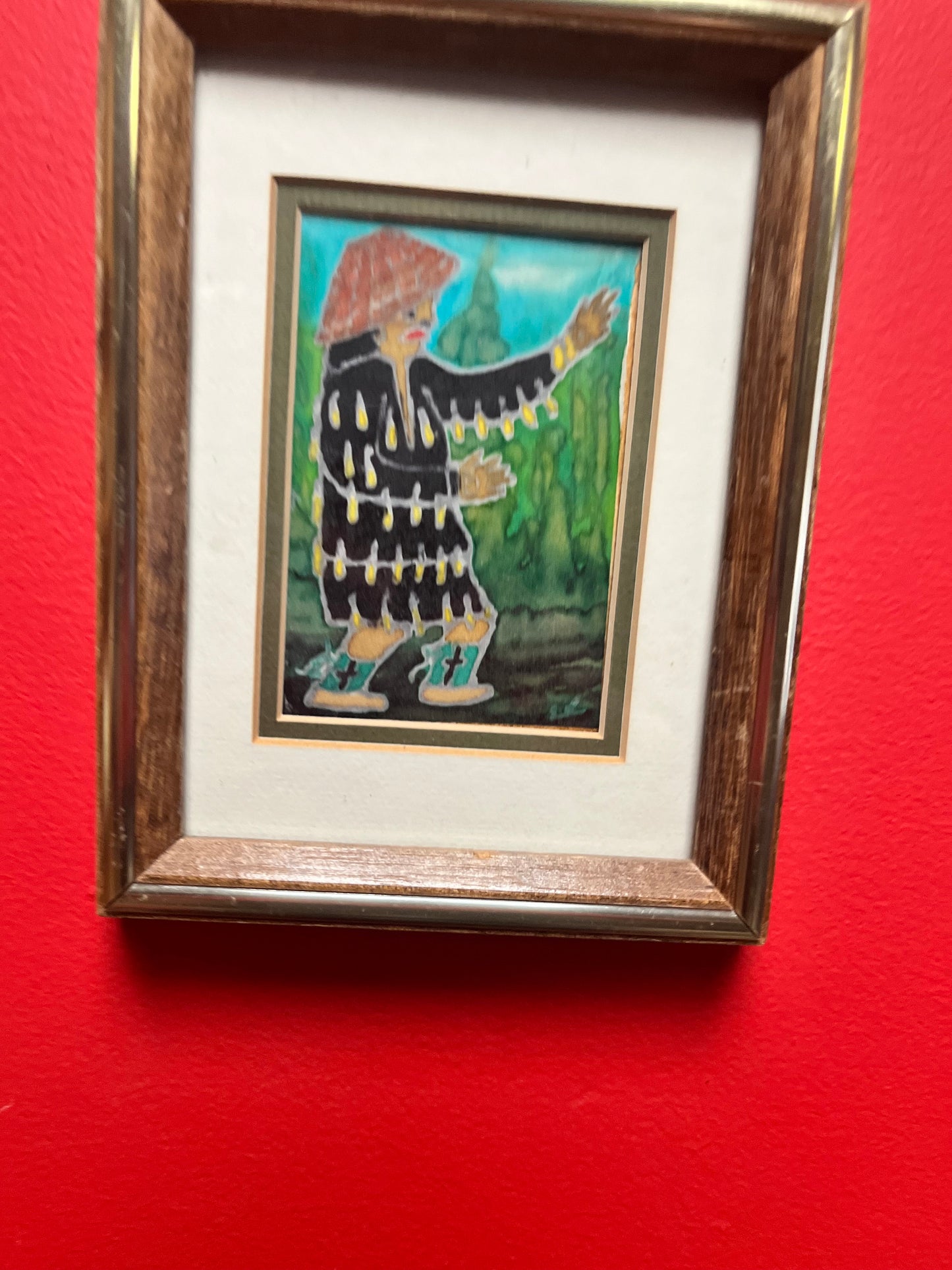 Very rare indigenous Nootka painting on silk by L.E Reid magnificent antique piece in frame 8 x 6