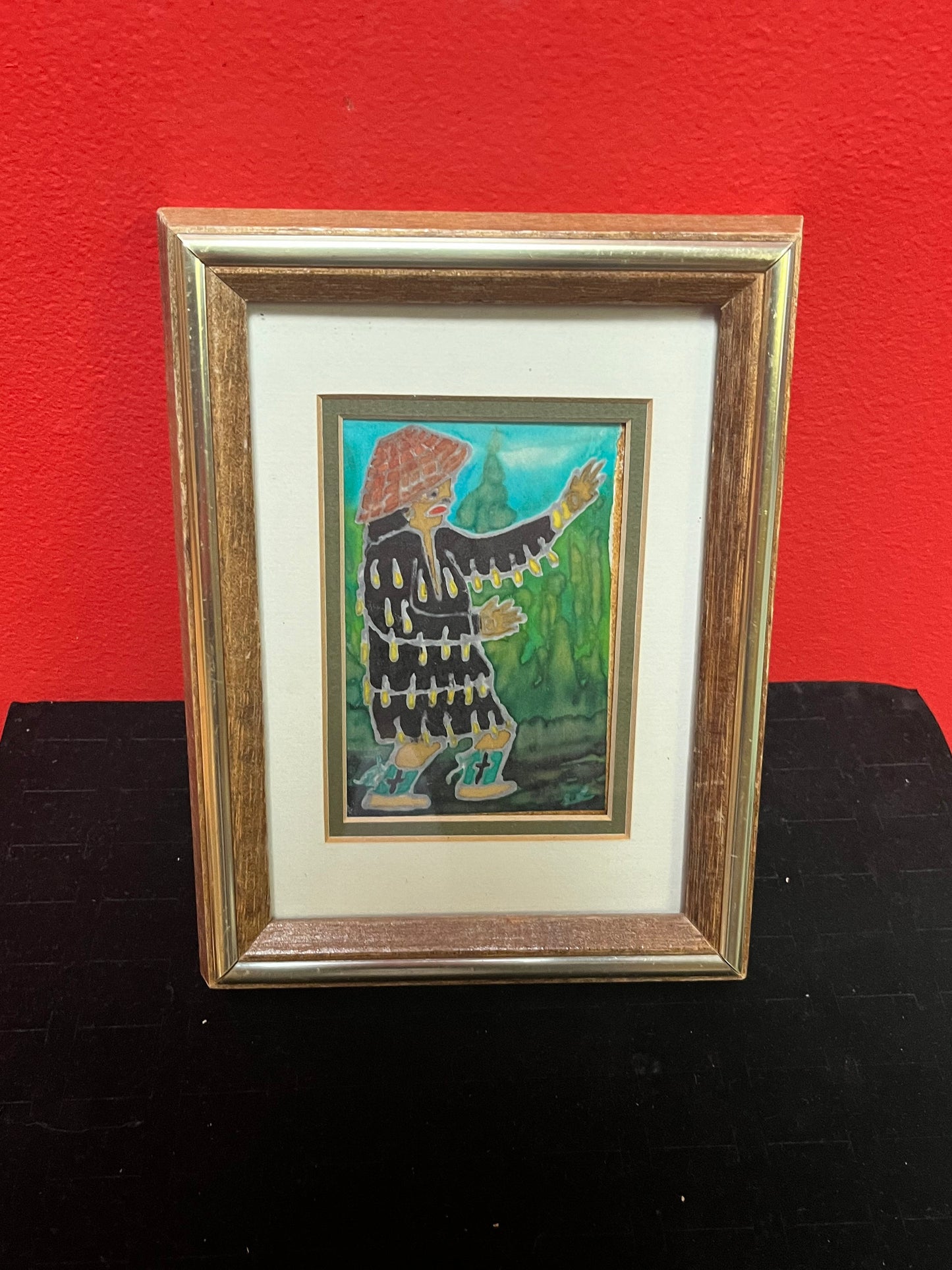 Very rare indigenous Nootka painting on silk by L.E Reid magnificent antique piece in frame 8 x 6